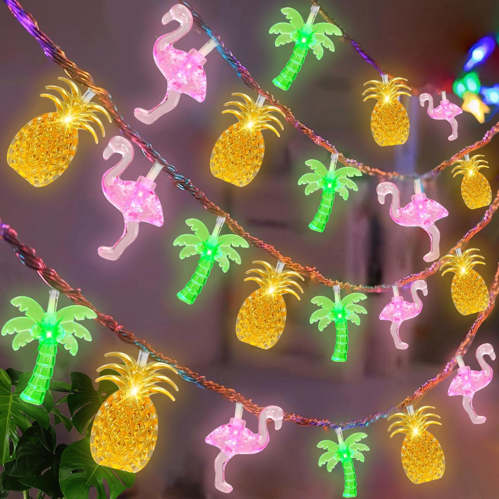 Olixmlya 30 LED [ 8 Modes & Timer ] 16Ft Summer Tropical Beach Hawaiian String Lights Tropical Flamingo Pineapple Palm Tree Fairy Lights Battery Operated for Party Beach Pool Christmas Decor