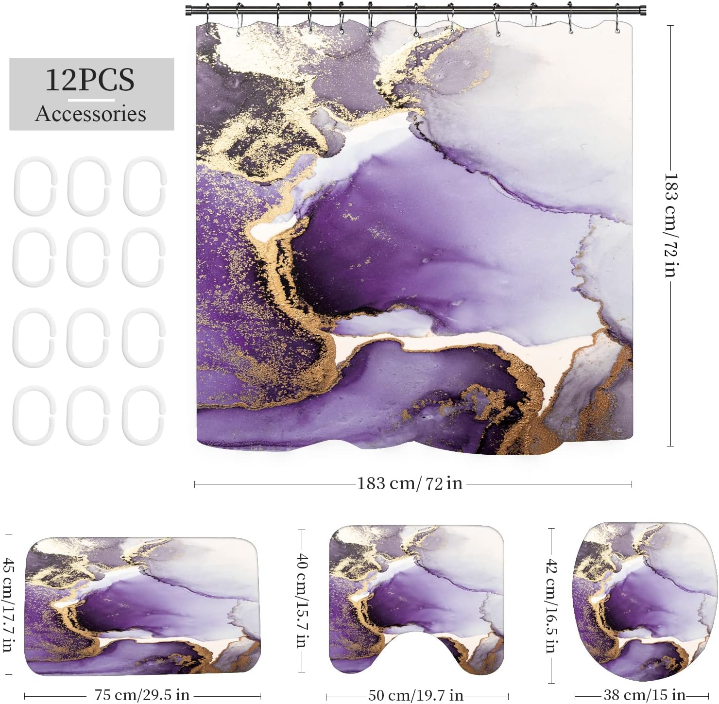 Marble Bathroom Sets with Rugs for Bathroom Decor, 72x72 Inches Gold Shower Curtain with Non-Slip Rugs and Accessories, Waterproof Machine Washable Bath (SC-Sets-purble Gold Marble)