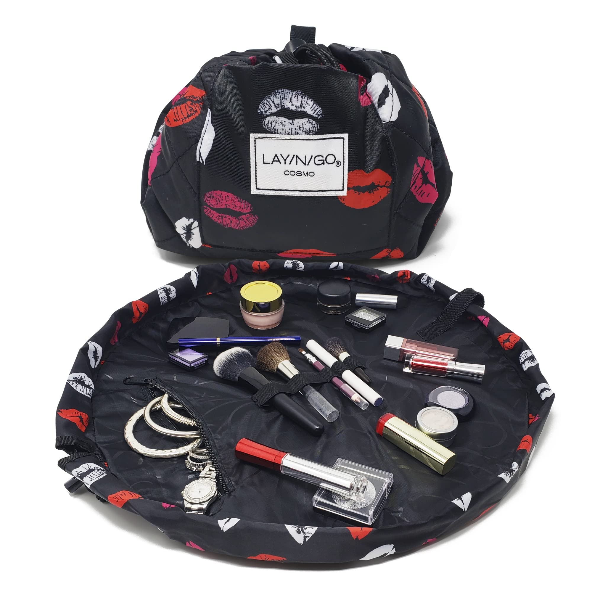 Lay-n-Go Cosmo Layflat Drawstring Cosmetic & Makeup Bag Organizer w/Zipper Pocket, Brush Loops & More, Cinch to Close, Lay Flat to Use, Durable,