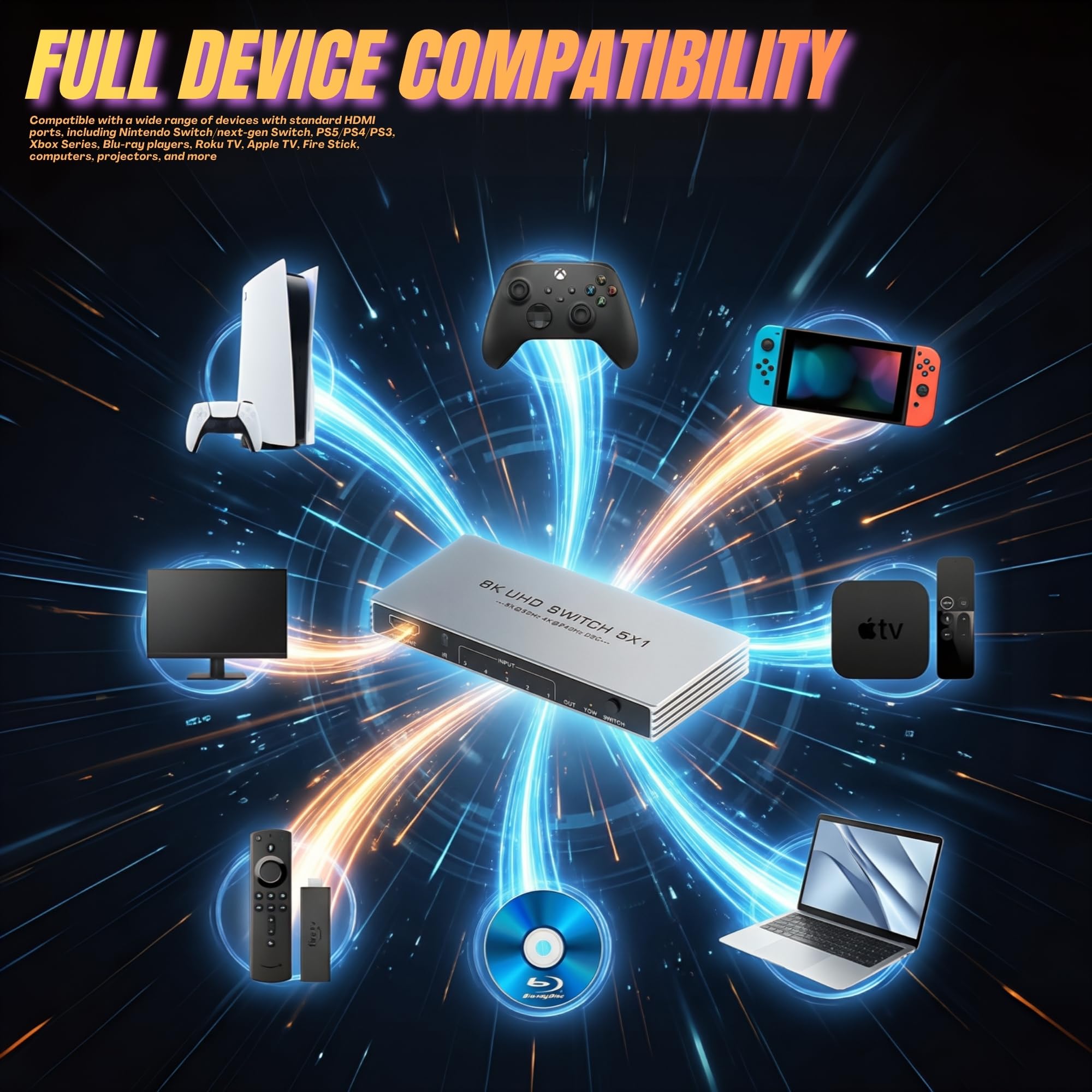 Conmutador HDMI 5 en 1, conmutador HDMI 2.1 8K a 60Hz 4K a 240Hz
