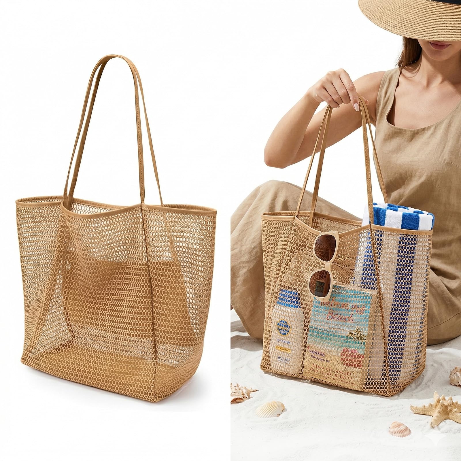 Borsa Mare Donna Grande Pieghevole in Nylon 35x17x37cm Marrone