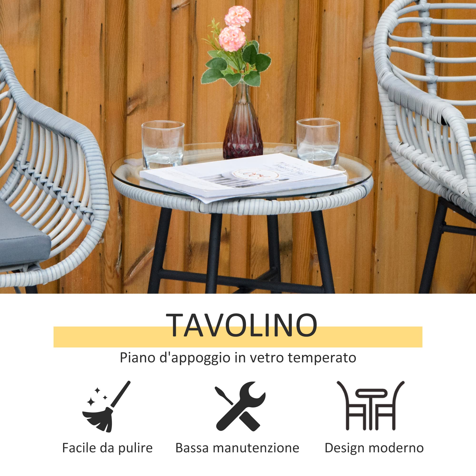 Outsunny Set Mobili da Giardino in Rattan PE 3 Pezzi, Salotto da Esterno con 2 Sedie e Tavolino in Vetro, Grigio