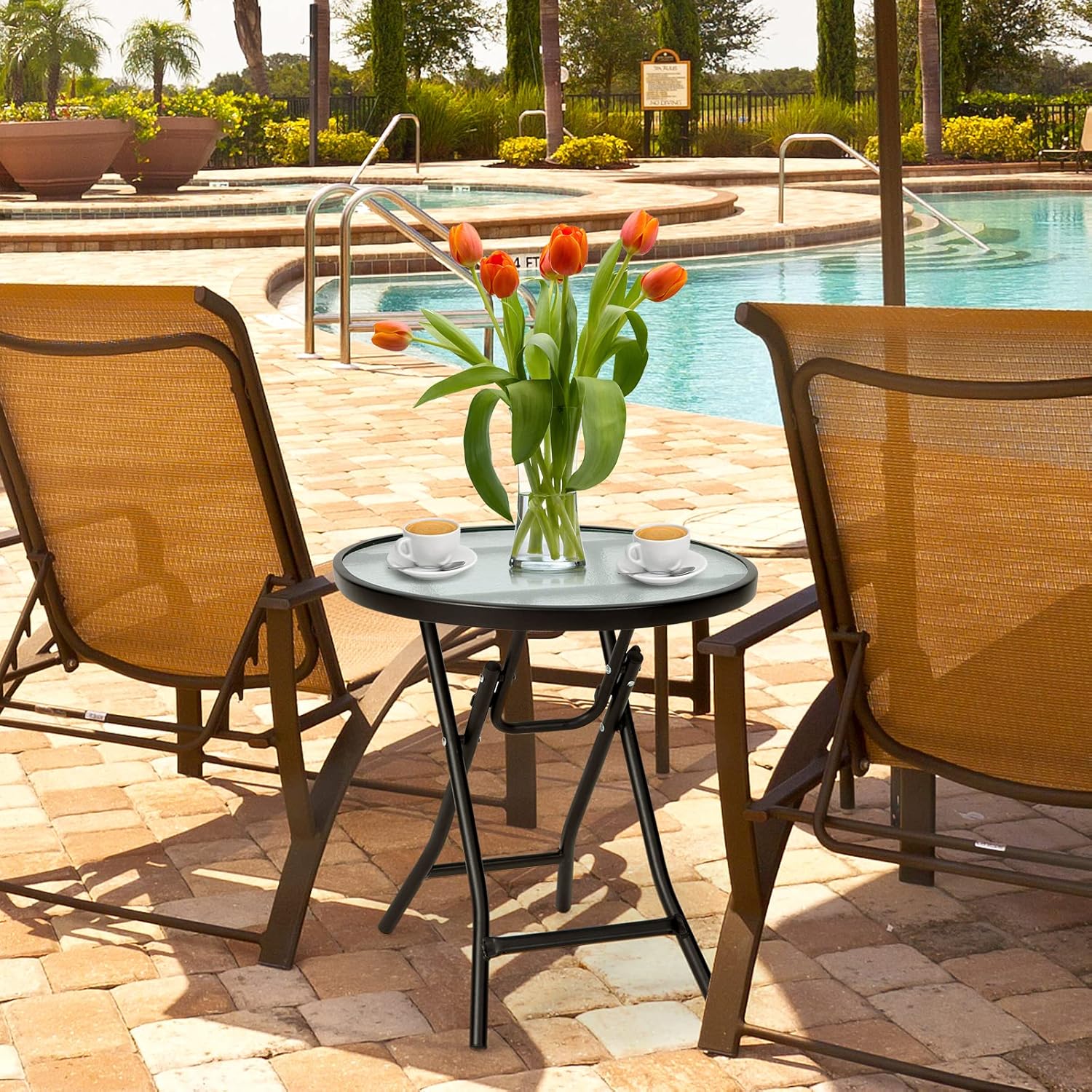Tangkula Patio Bistro Table, 18" Round Side Table with Tempered Glass Tabletop, Rustproof Frame and Stable X-Shaped Structure, Folding Side Table for Indoor and Outdoor Use