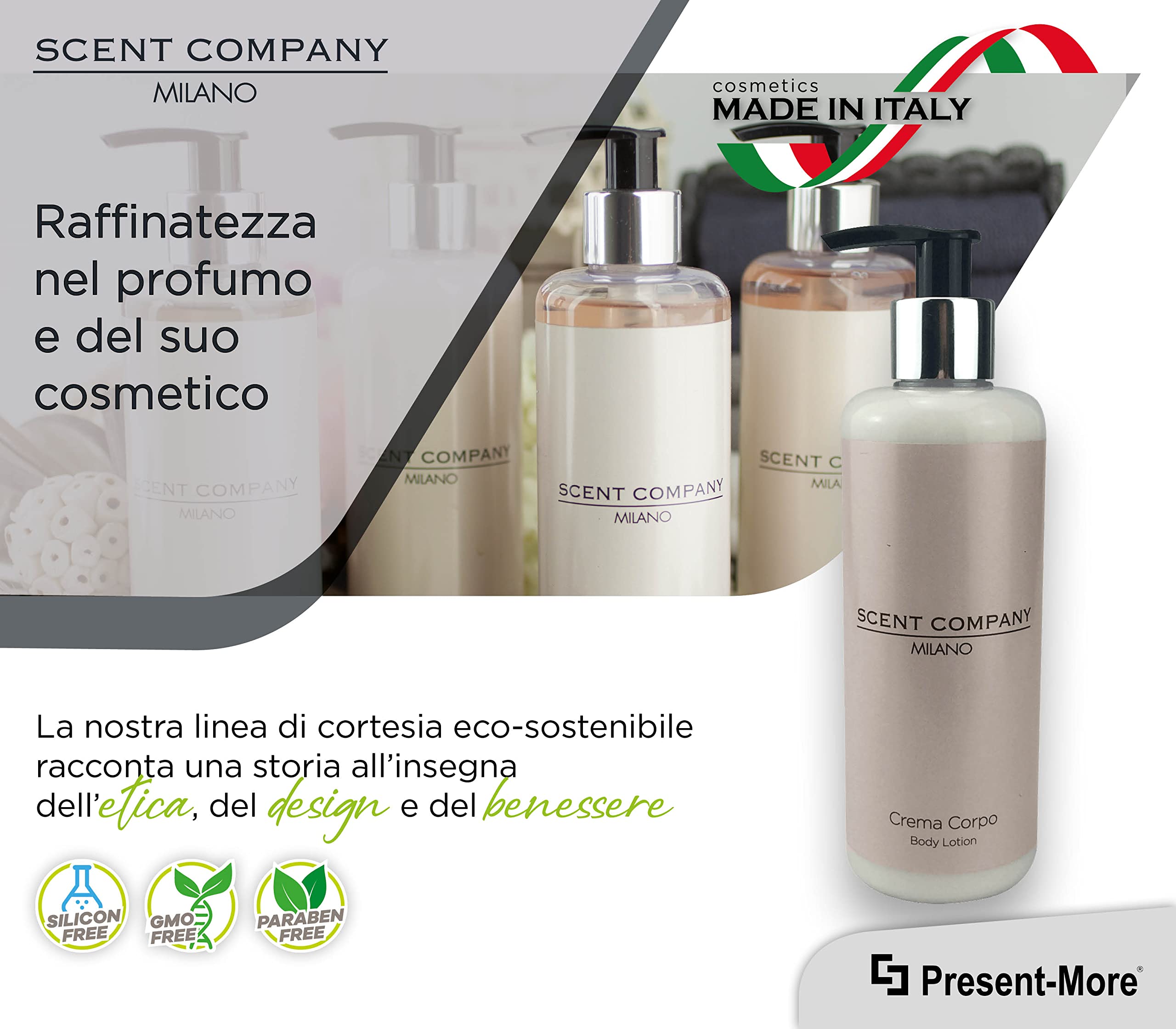 Present-More Body Lotion 300ml Scent Company Milano - Körpercreme 15 Stücke für Hotels und B&B | Körpercreme mit Duftnote Royal Amber | Body Lotion ohne Gentechnik – Duft Bernstein – Made in Italy – Ideal für Hotels und B & B