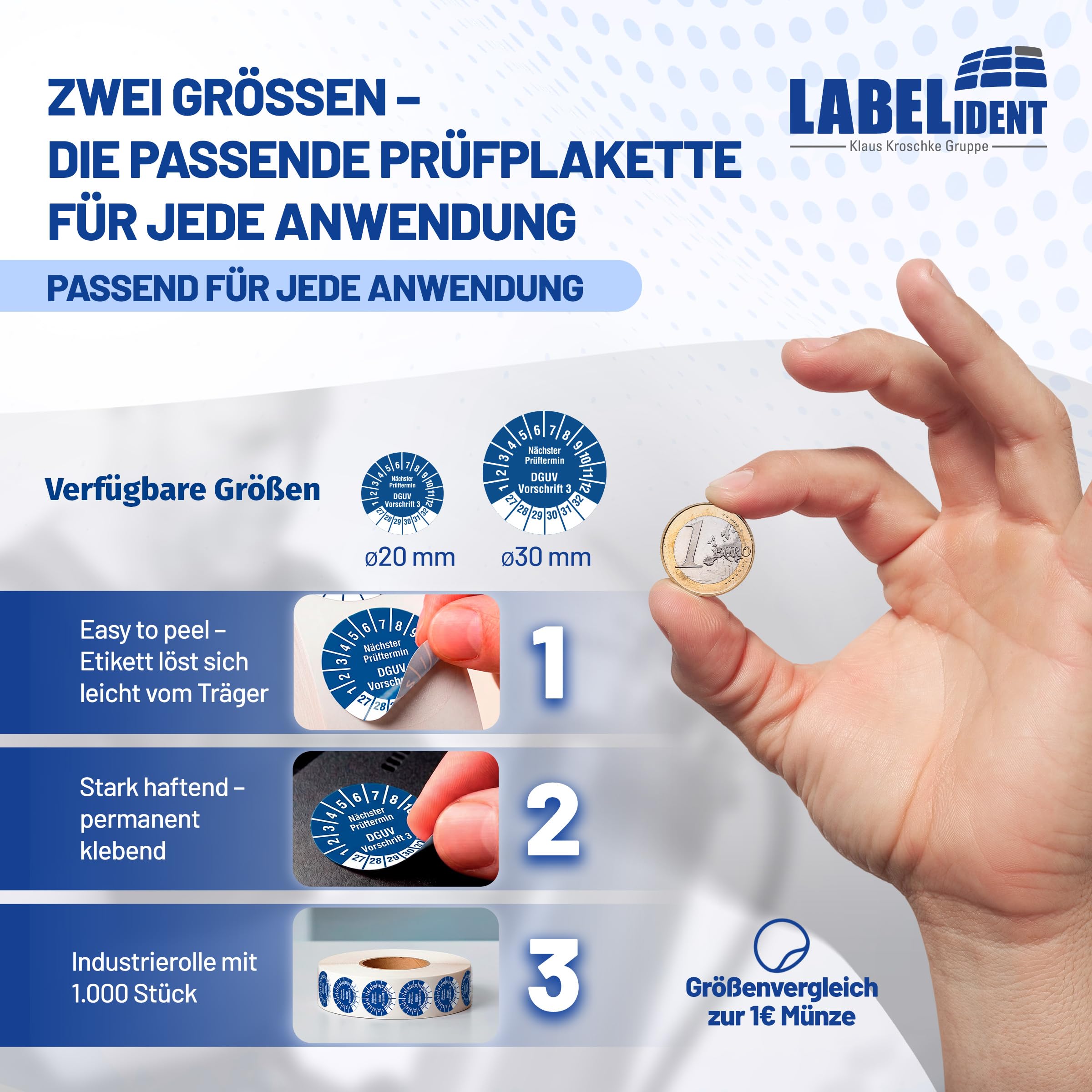 Labelident Prüfplaketten Nächster Prüftermin DGUV Vorschrift 3 - Ø 30 mm - 1.000 auf Rolle, 2027-2032, selbstklebend