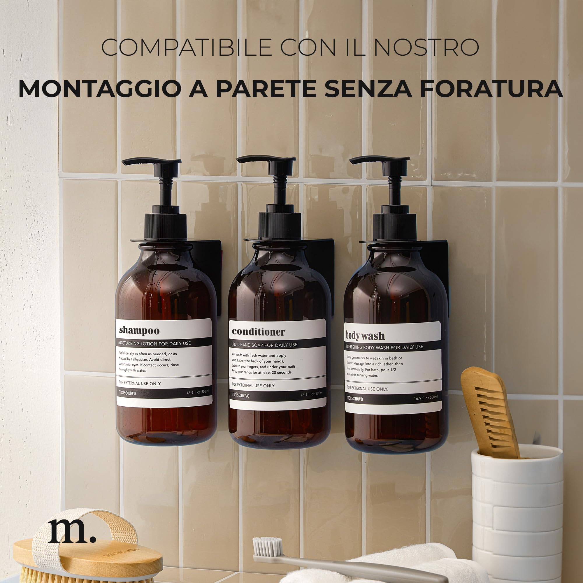 MaisoNovo Bottiglie per shampoo e balsamo Set di 3 - dispenser sapone doccia - 500ml Dispenser shampoo e bagnoschiuma - bottiglie di plastica ambra e Pompe nere