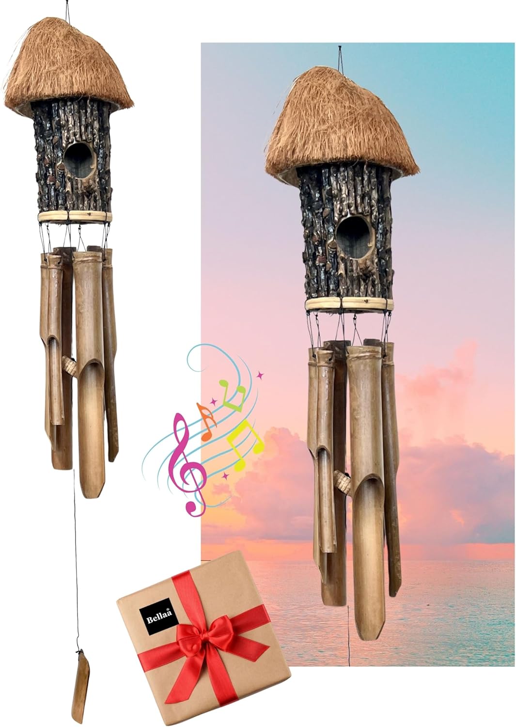 Bellaa 20384 Bamboo Wind Chime Bird House Nest Japanese Style Fine Minimalist Wooden Windchimes Handmade Gift 38 Inches