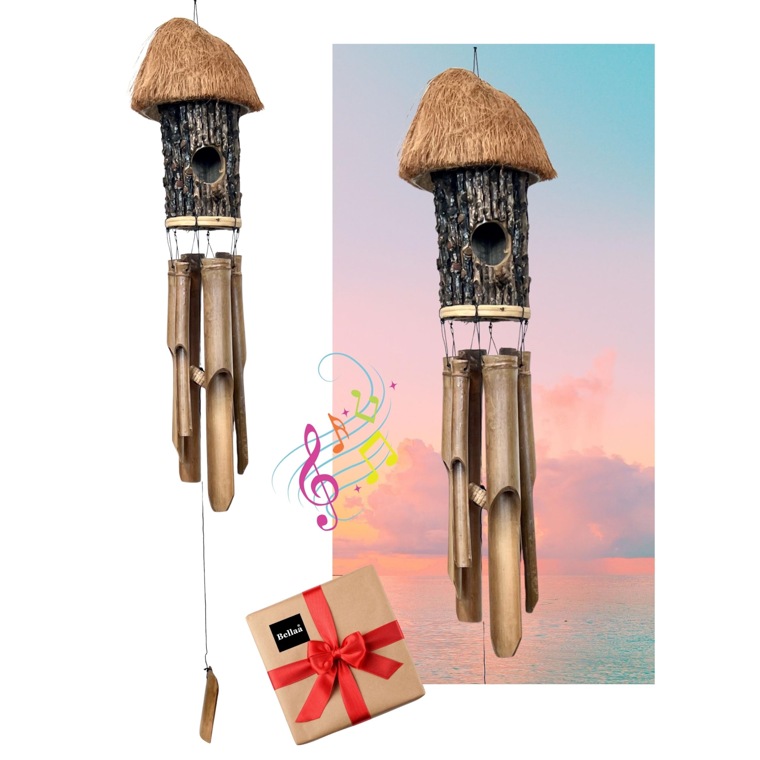Bellaa 20391 Bamboo Wind Chime Bird House Nest Minimalist Wooden Windchimes Handmade Gift (Bird House Brown Dark)