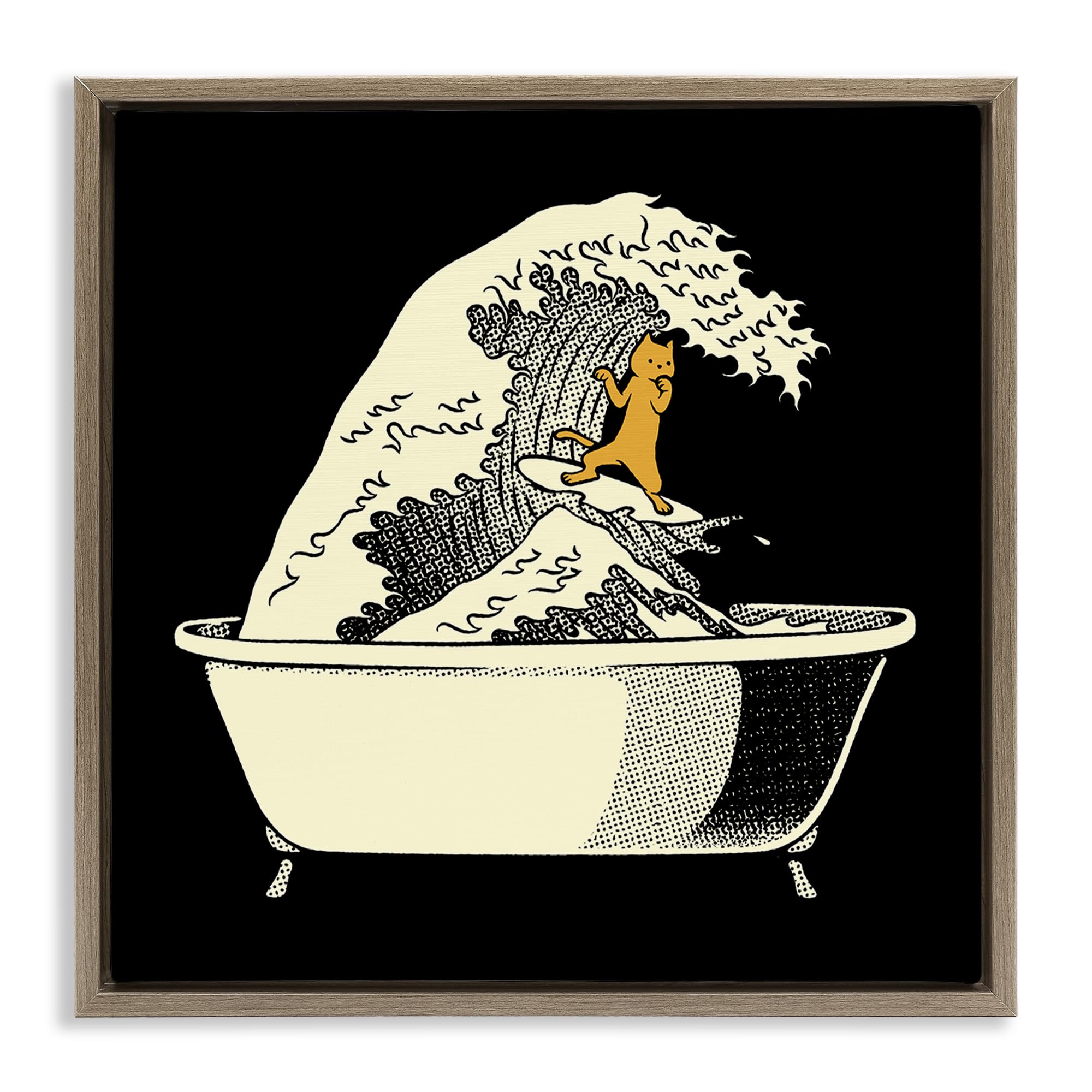 Stupell Industries 'Kanagawa Bathtub Cat', Floating Frame Canvas Art, Brown, 25 x 25 Inches, Easy to Hang and Sturdy, Made in USA, by Tobe Fonseca