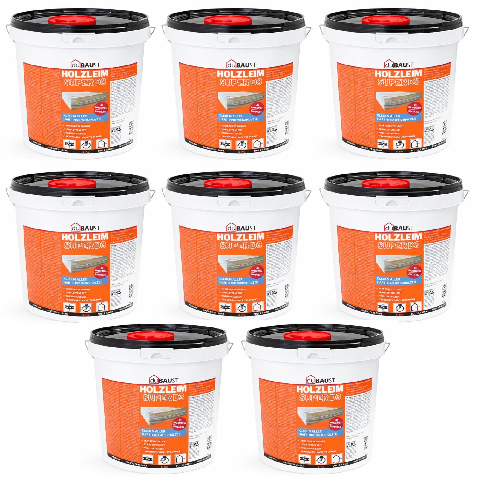 8x dubaust WOD24 Schnelltrocknender D3 Holzleim, wasserfest, für Hartholz und Weichholz, weiss - nach dem Aushärten transparent (5Kg Eimer)