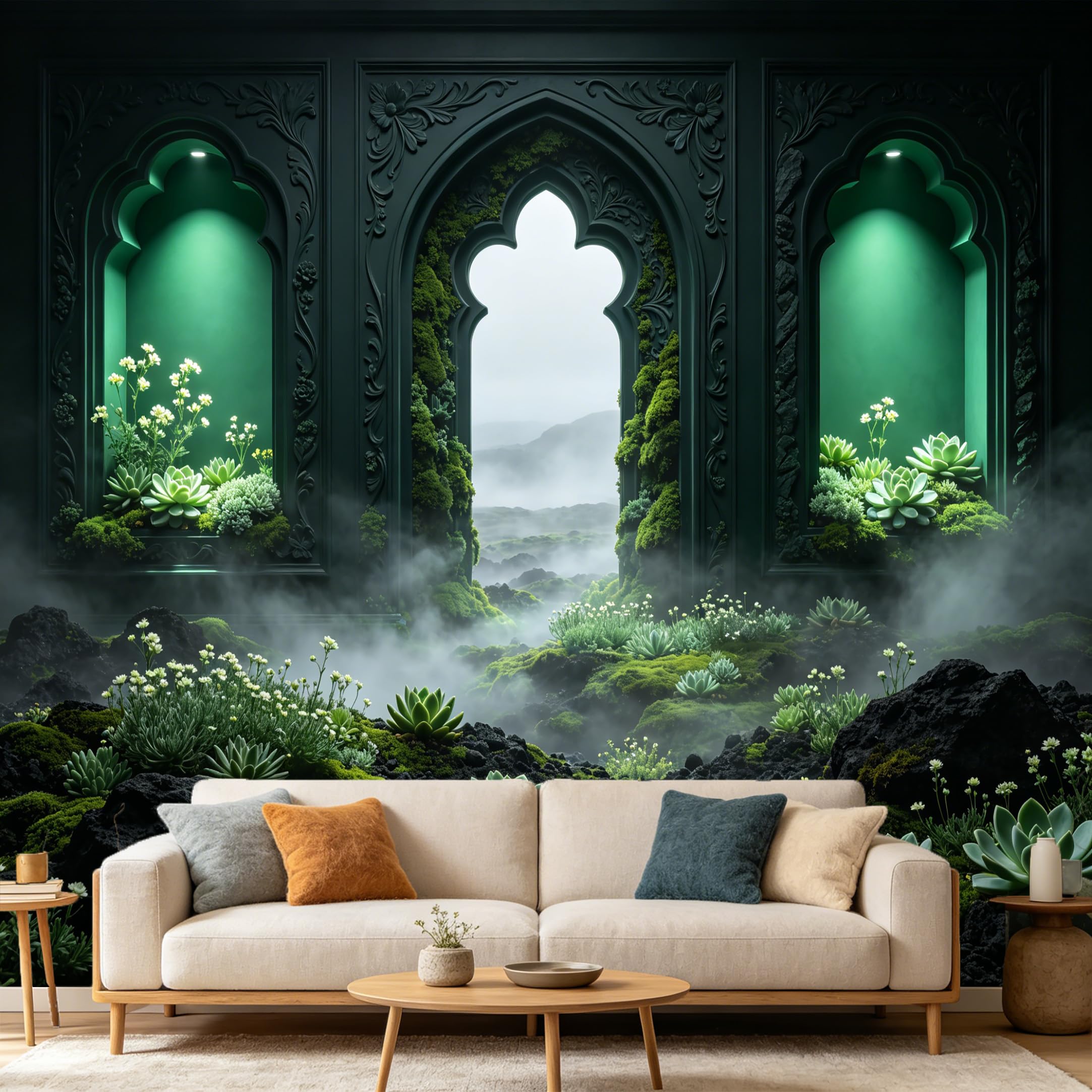 Custom Size Wall Mural， 3D Archway Succulent Moss Botanical Landscape， SelfAdhesive Art Prints wall Fabric Removable Large Wallpaper Home Living Room Decor