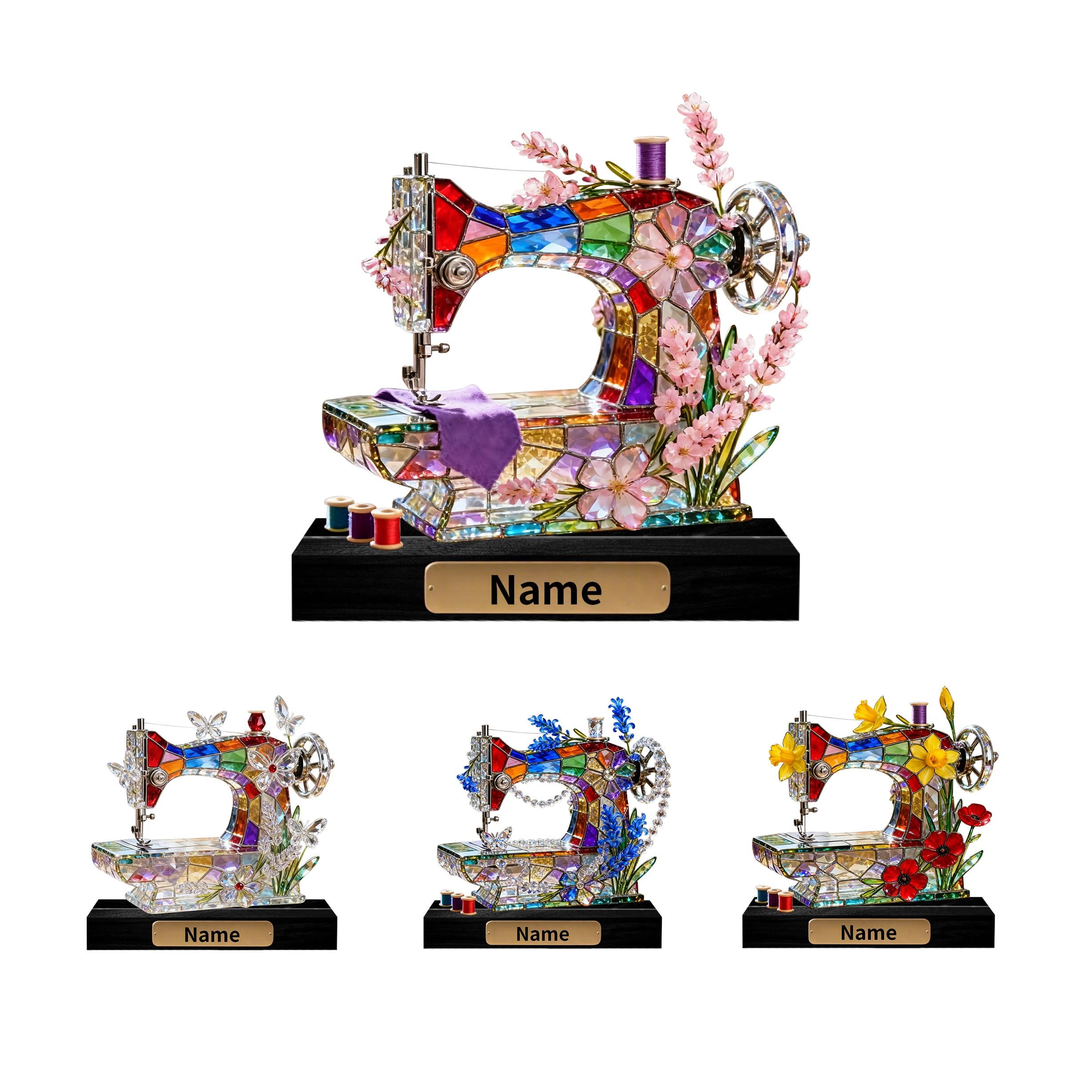 SweetJECCU Personalized Stained Glass Sewing Desk Ornament Custom Name Sewing Acrylic Plaque, Sewings Figurine Home Decor for Living Room Bedroom, Birthday