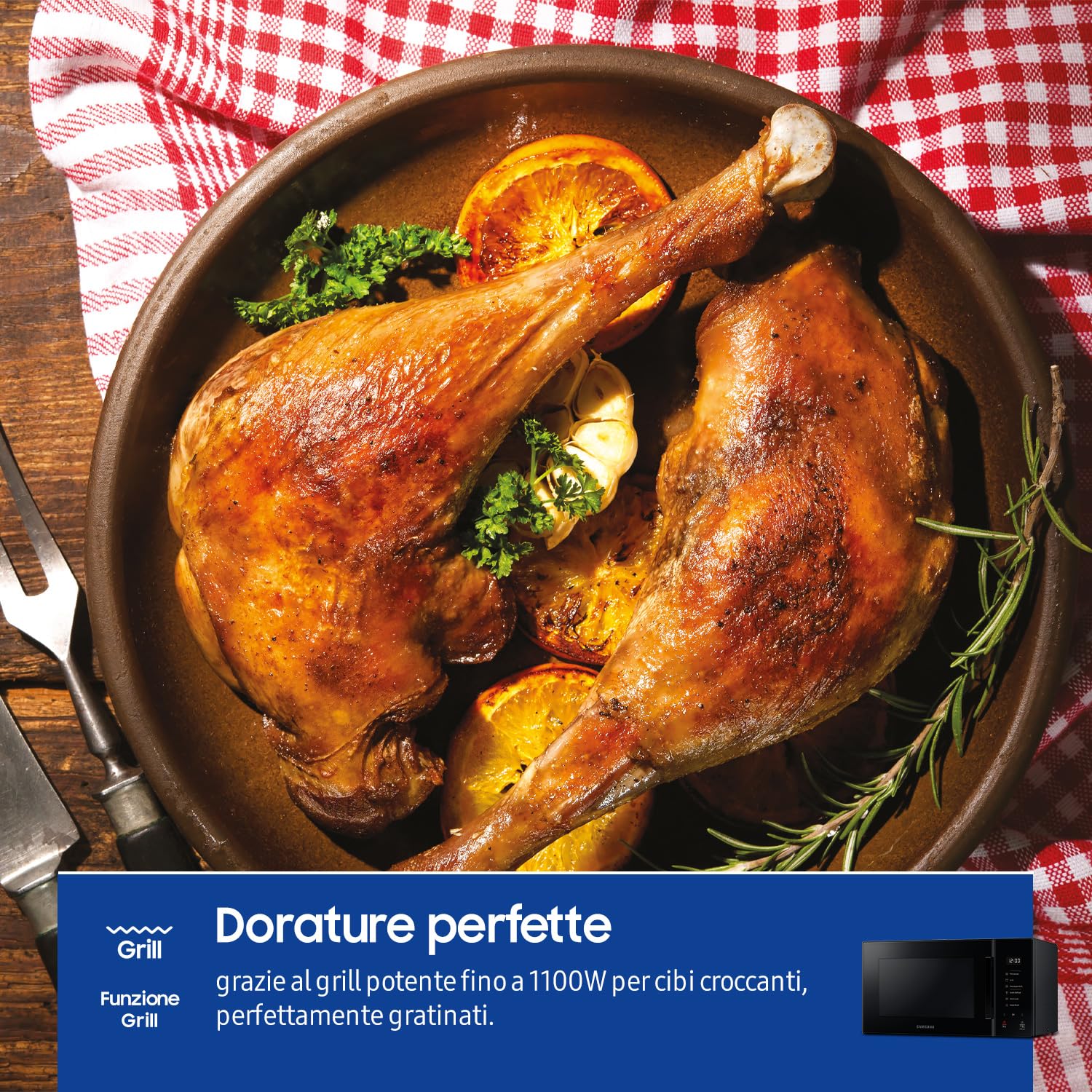Samsung Libera installazione Forno a Microonde + Grill Glass Design Cottura Croccante, MG23T5018AK/ET, Home Dessert, Cottura Automatica, 800 W + 1100 W, 23 L, 49l x 27,5h x 38p, Carbone