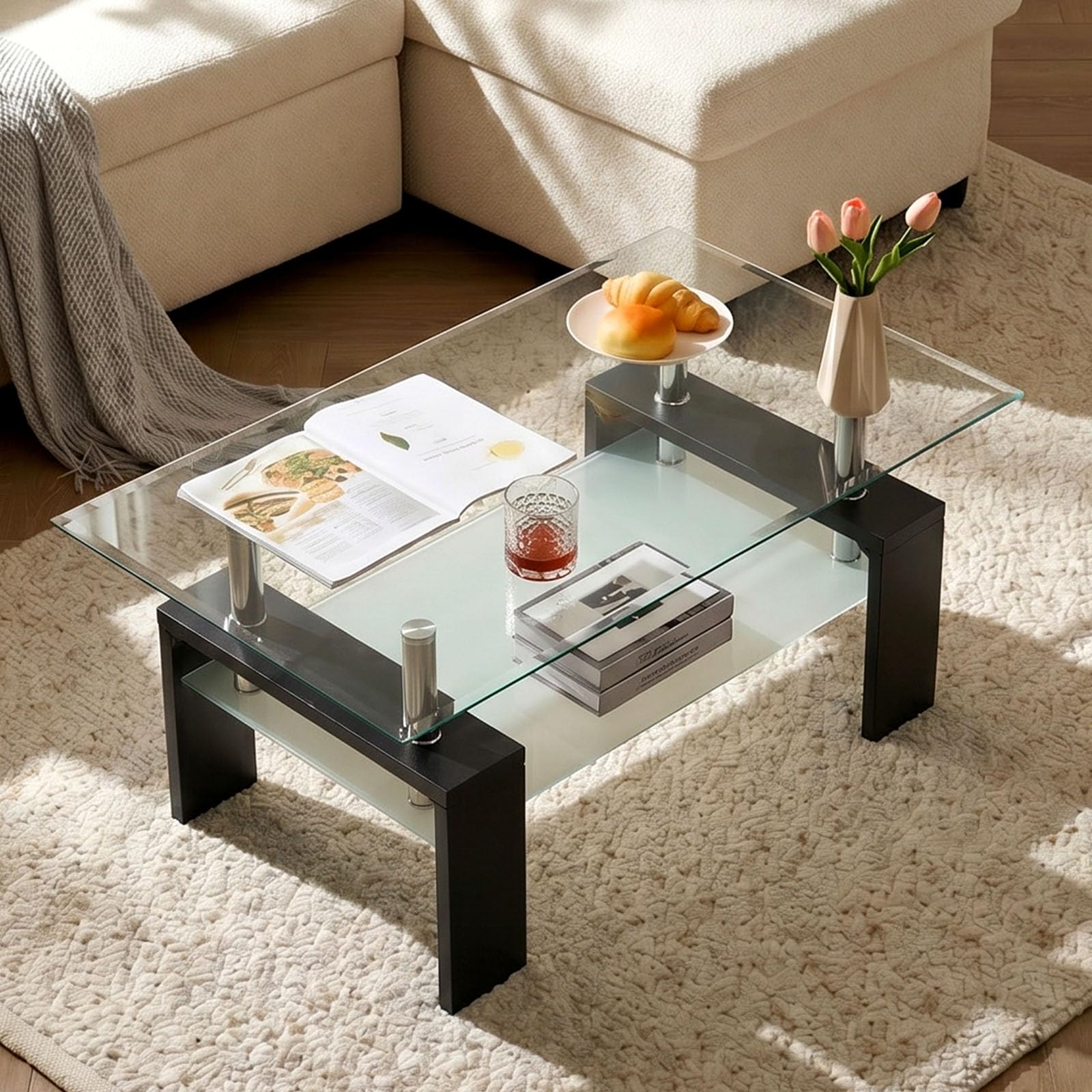LEMROE Modern Rectangle Coffee Table with Metal Frame Tempered Glass Side Table with Storage Shelves Living Room Furniture (Black)