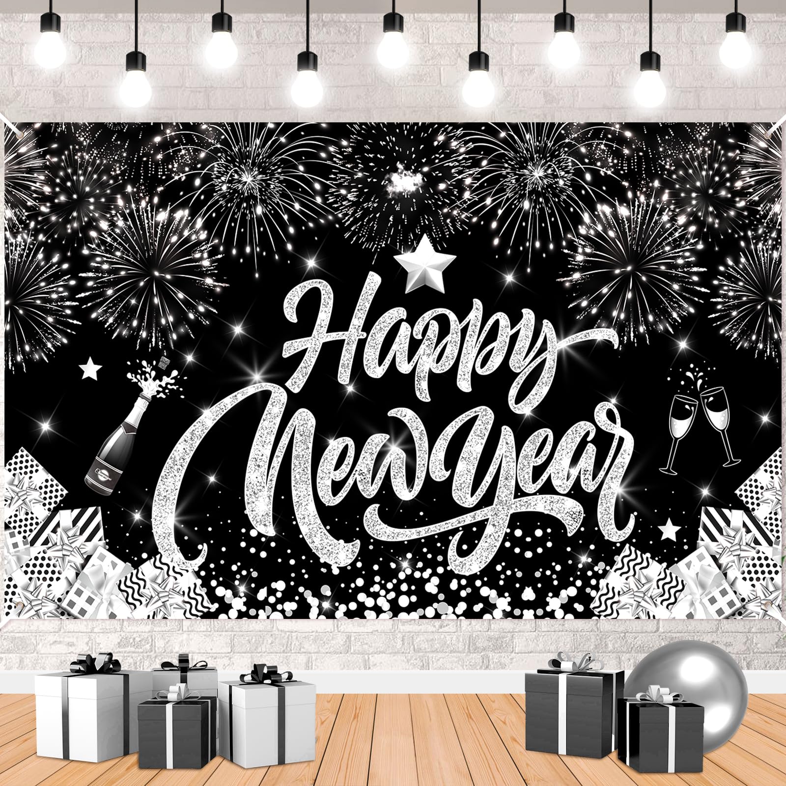 Amazon.com: Black Silver Happy New Year Party Banner Decorations Large ...