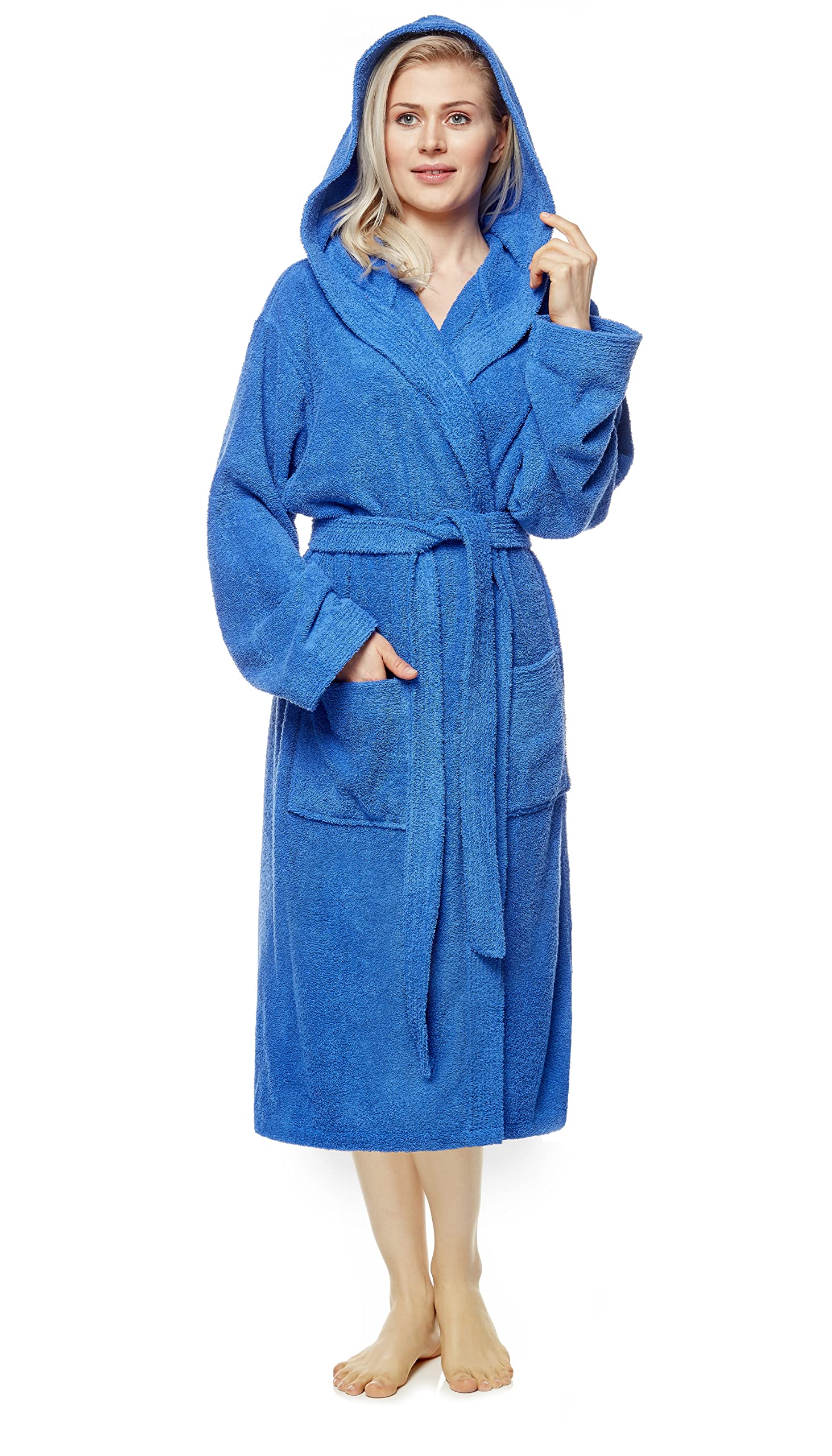 Arus Women's Royal Blue Bathrobe With Hood, Calf-Length, 100% Cotton Terry, S-M