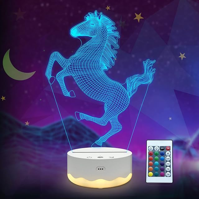Horse Gifts for Kids, 3D Illusion Lamp, Horse Night Light with Remote + Touch 16 Color Flashing Changing + Timer Desk Lamps for Men Sports Fan Bedroom Decor