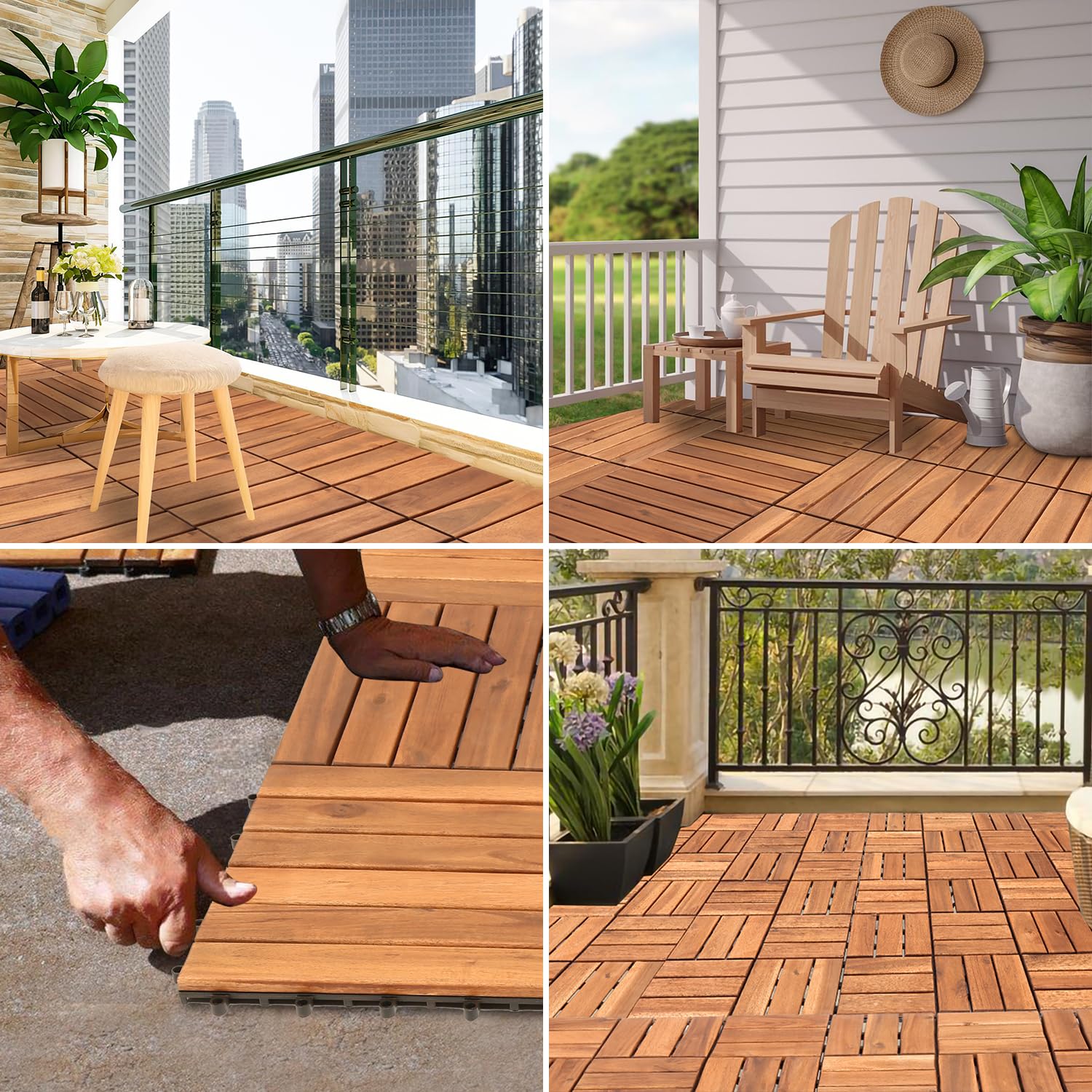 Piastrelle in legno di acacia, 30 x 30 cm, 55 pezzi, 5 ㎡, per balcone, piastrelle a clic, mosaico per giardino, patio, resistente alle intemperie (6 listelli)