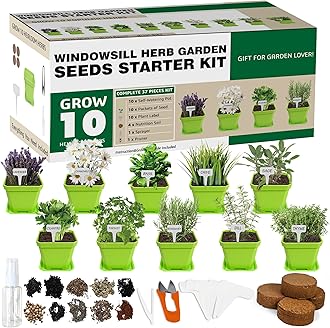 Meekear 10 Herb Seeds Garden Starter Grow Kit with Green Pots, Markers, Nutritional Soil, Watering, Herb Clipper, Complete Indoor Potted Plant Growing Set for Kitchen DIY