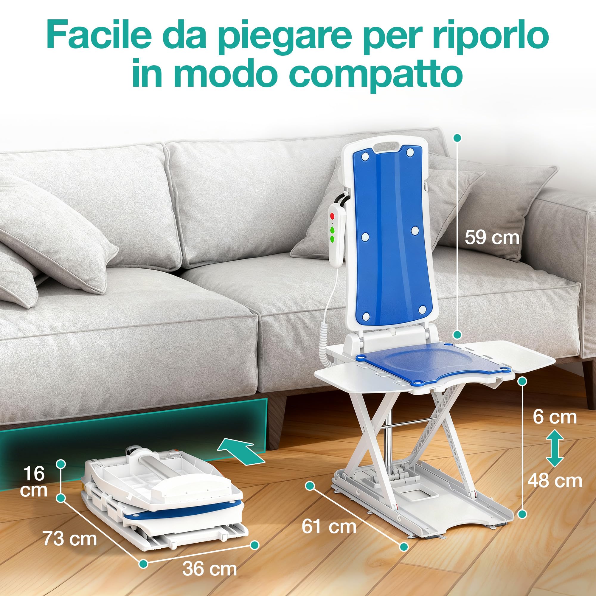 Sollevatore per anziani elettrico – Sedia elevatrice portatile motorizzata con telecomando, altezza regolabile, IP68 impermeabile, seduta ergonomica pieghevole, fino a 140 kg