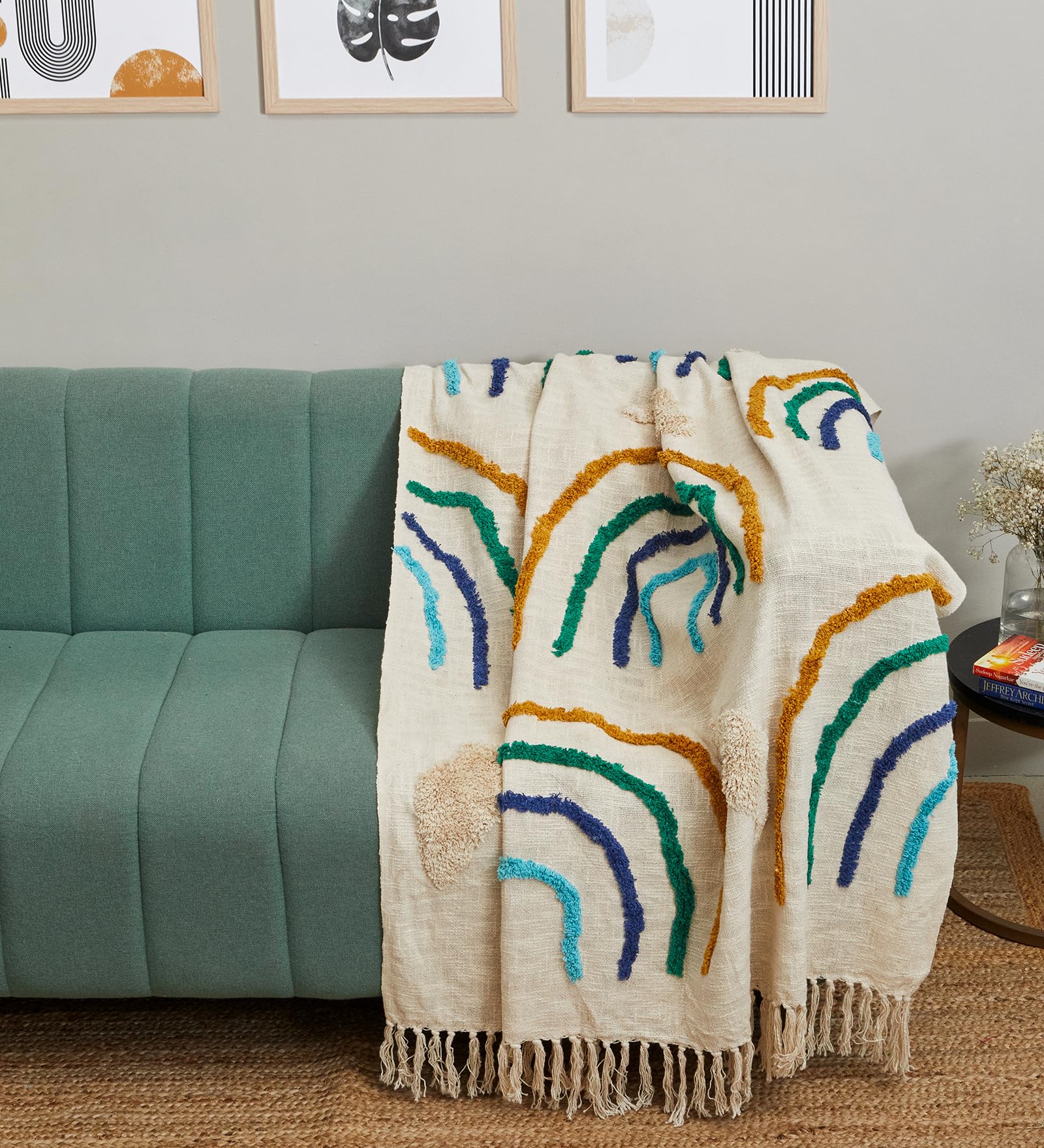 JutiePie Cotton Woven Throw Blanket for Sofa, Bed & Couch | Arch Design Natural Cream Lightweight Boho Throw with Tassels | Soft & Breathable Couch Coverlet for All Seasons | 60x50 Inch, 152x127 cm-image-14