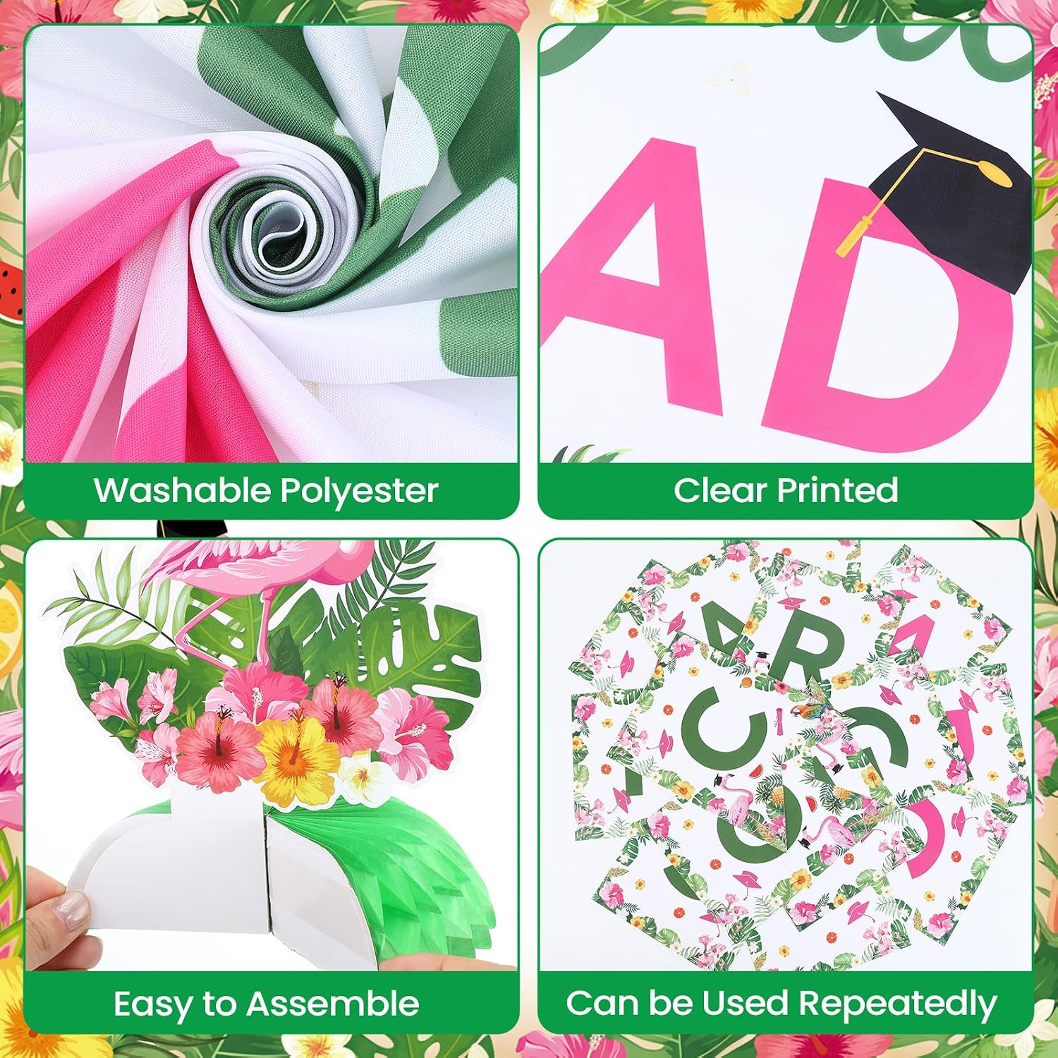 14 Pcs Hawaii Graduation Decorations 2026, Tropical Flamingo Graduation Party Supplies, Congrats Grad Backdrop Banner, Honeycomb Centerpieces, Hanging Swirls & Graduation Sash, Class of 2026