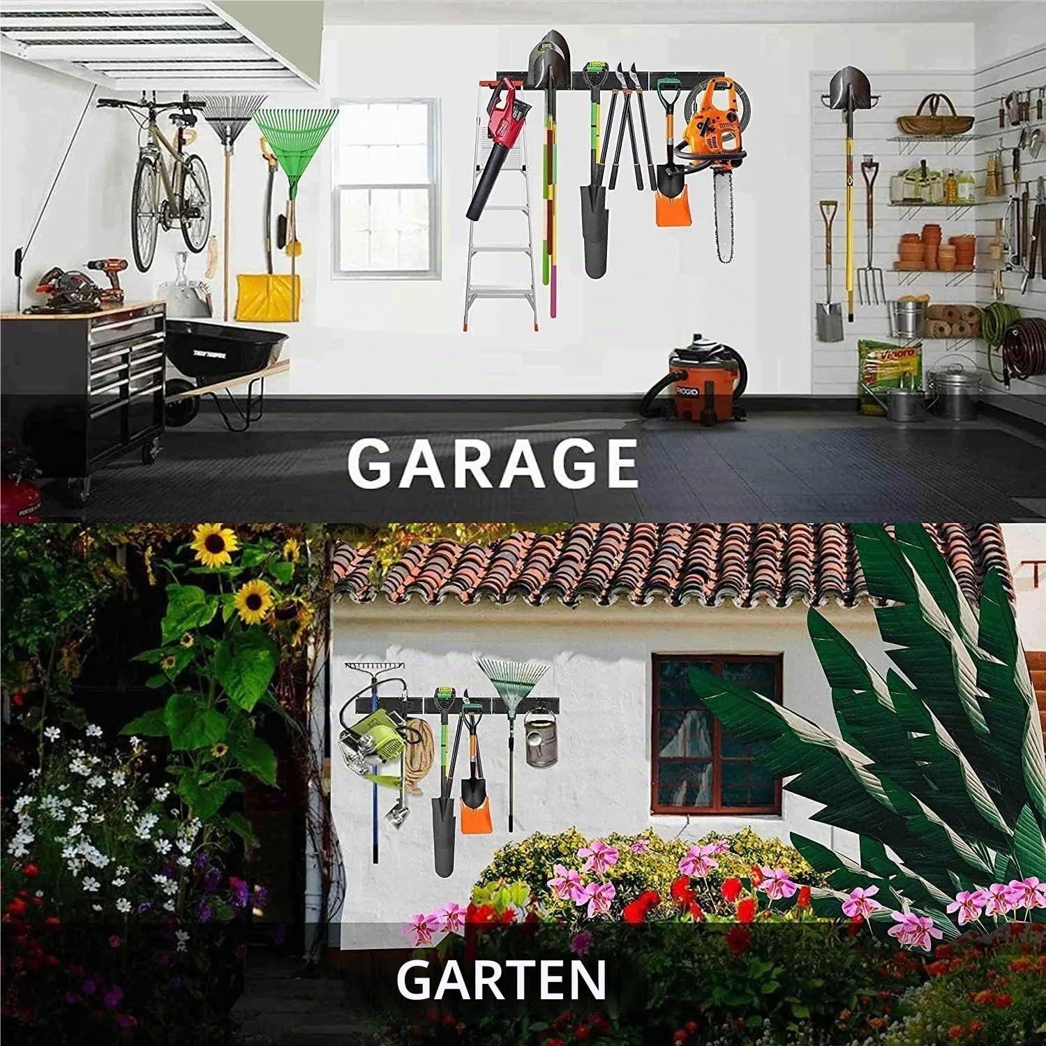 Gartengeräte Halterung,64-Zoll-Werkzeugaufbewahrung Für Die Garage,Wandmontiert – Garagenwand-Organizer Mit 10 Haken,500 Lbs Gartenwerkzeug-Aufbewahrung,Verstellbare Haken,Schwere Metall-Garagenregale