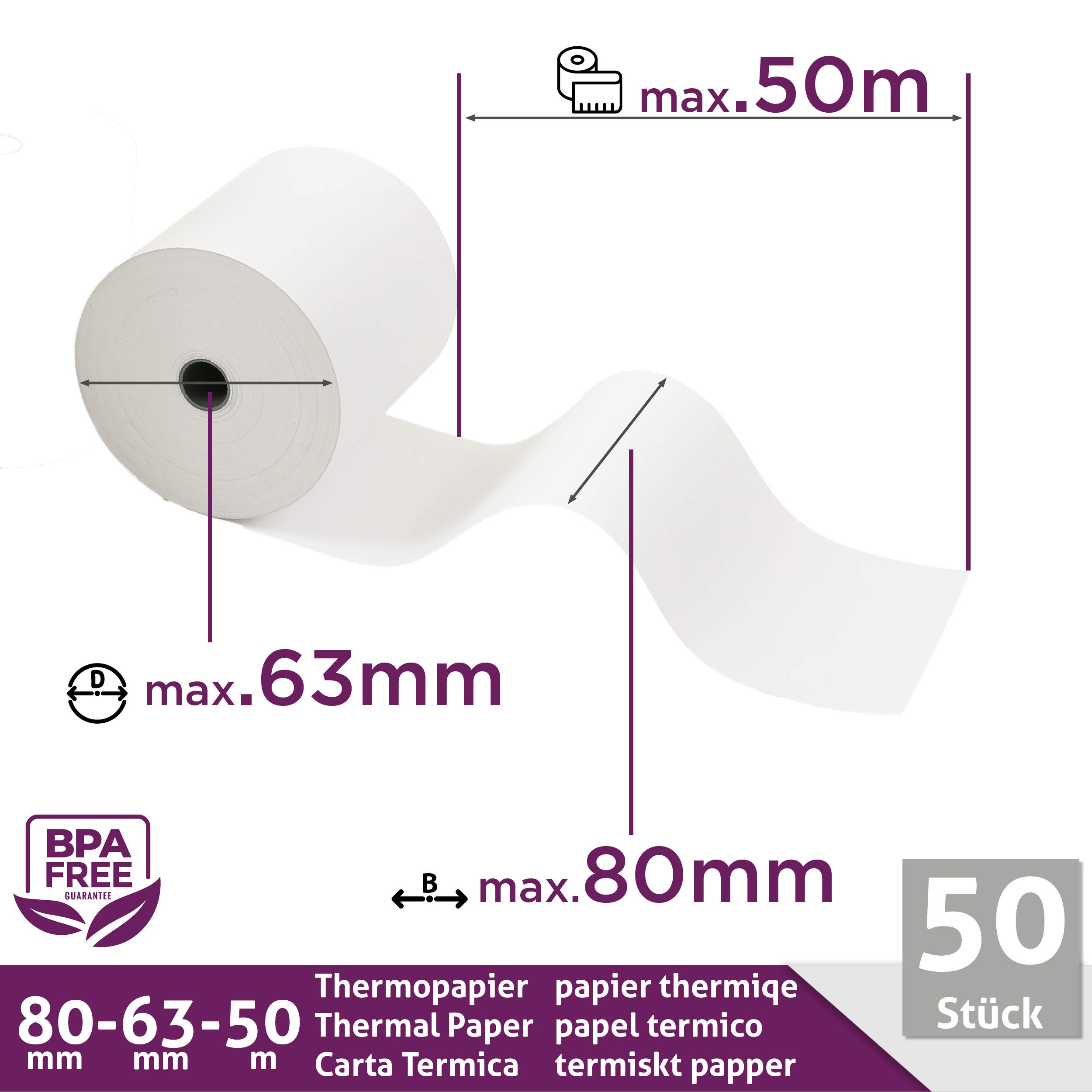 LYNNE - Rollos Papel Termico 80x63 para Impresora de Tickets - Para caja registradora con impresora de recibos - Papel impresora Termica 80x63x12 - Rollo Papel térmico 80mm x 63mm x 50m - [50x]