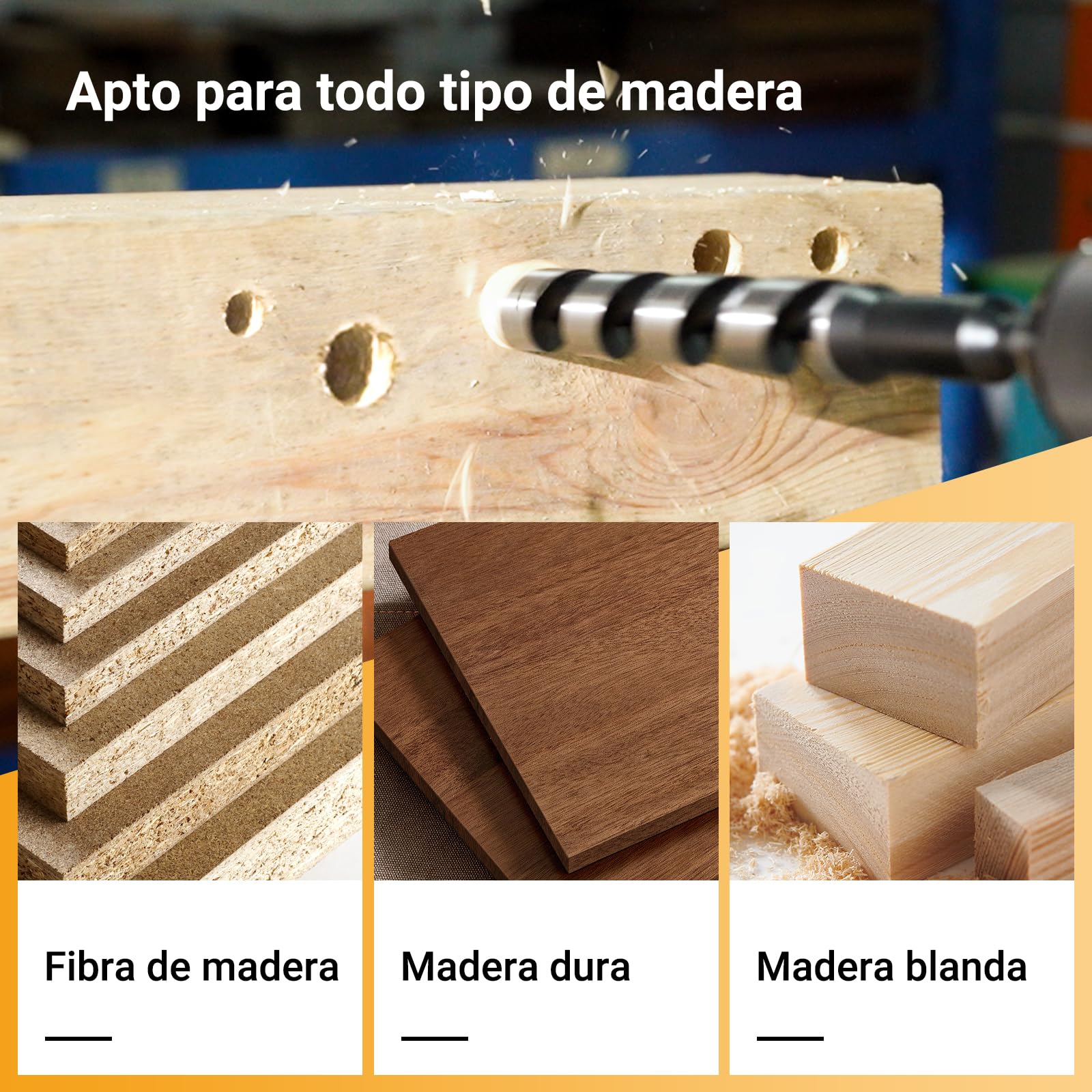 Brocas para Madera Ø6-18 x 460 mm 6 pcs | Broca Helicoidales Larga con Vástago Hexagonal 6, 8, 10, 12, 16 y 18 mm, Incluye Estuche para Madera Blanda y Dura