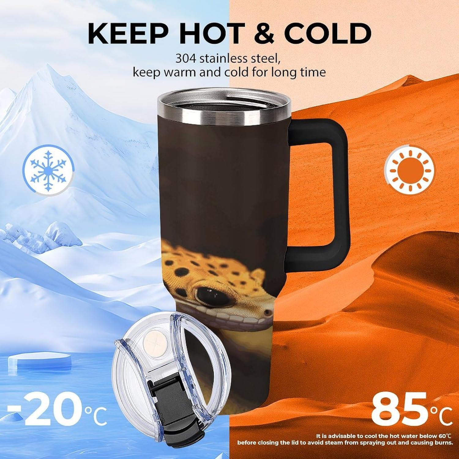 40 Oz Insulated Mug with Handle, Stainless Steel Leopard Little Gecko Printed Travel Mug Portable Leak-proof Large Car Mug for Home, Office Or Car