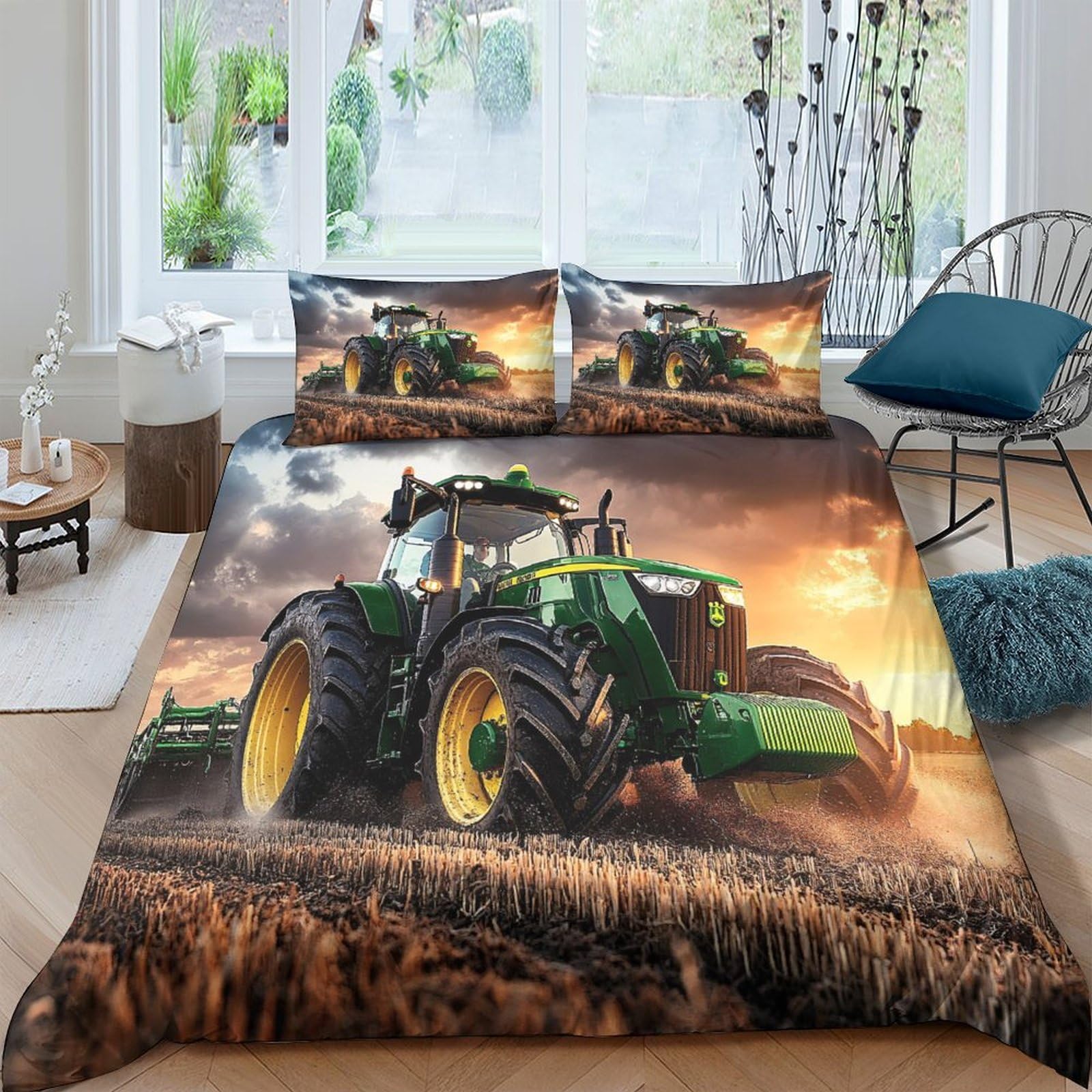 Ctjqhvkz Style-9 3D Printed Tractor Field Fitted Sheet Microfiber Soft Farm Sunset Bed Cover Non Slip Machine Washable For Bedroom Single（135X200cm）