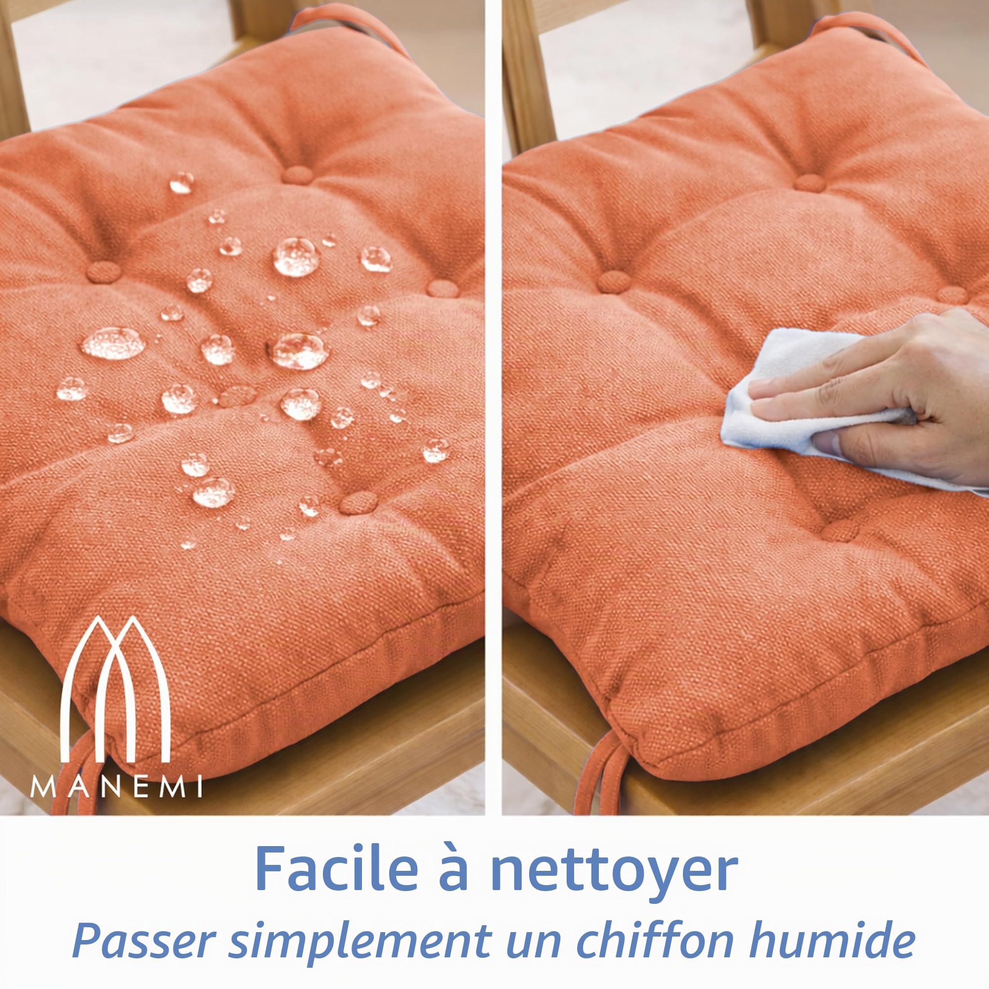 MANEMI Lot de 6 coussins pour chaise 45 x 45 x 5 cm | Imperméable et facile à nettoyer | avec sangles de fixation pour utilisation intérieure et extérieure | Idéal pour salle à manger, terrasse