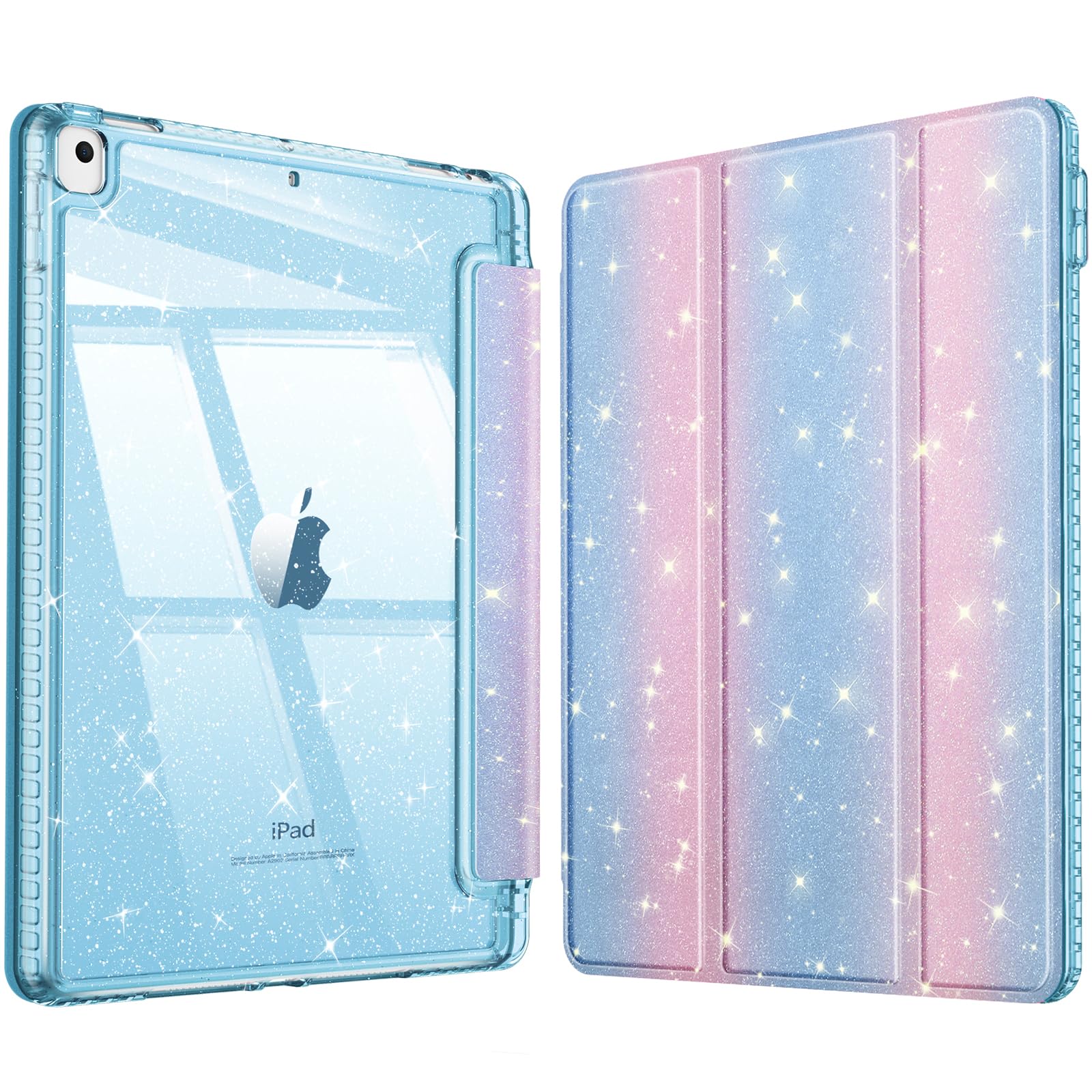 Fintie Glitzer Hülle für iPad 10.2 Zoll 9/8/7 Generation Case (2021/2020/2019 Modell)‌ – Transparente Glitzer-Schutzhülle mit Stifthalter, Stoßfest Glänzender Rückseite & Auto Sleep/Wake, Rose/Blau