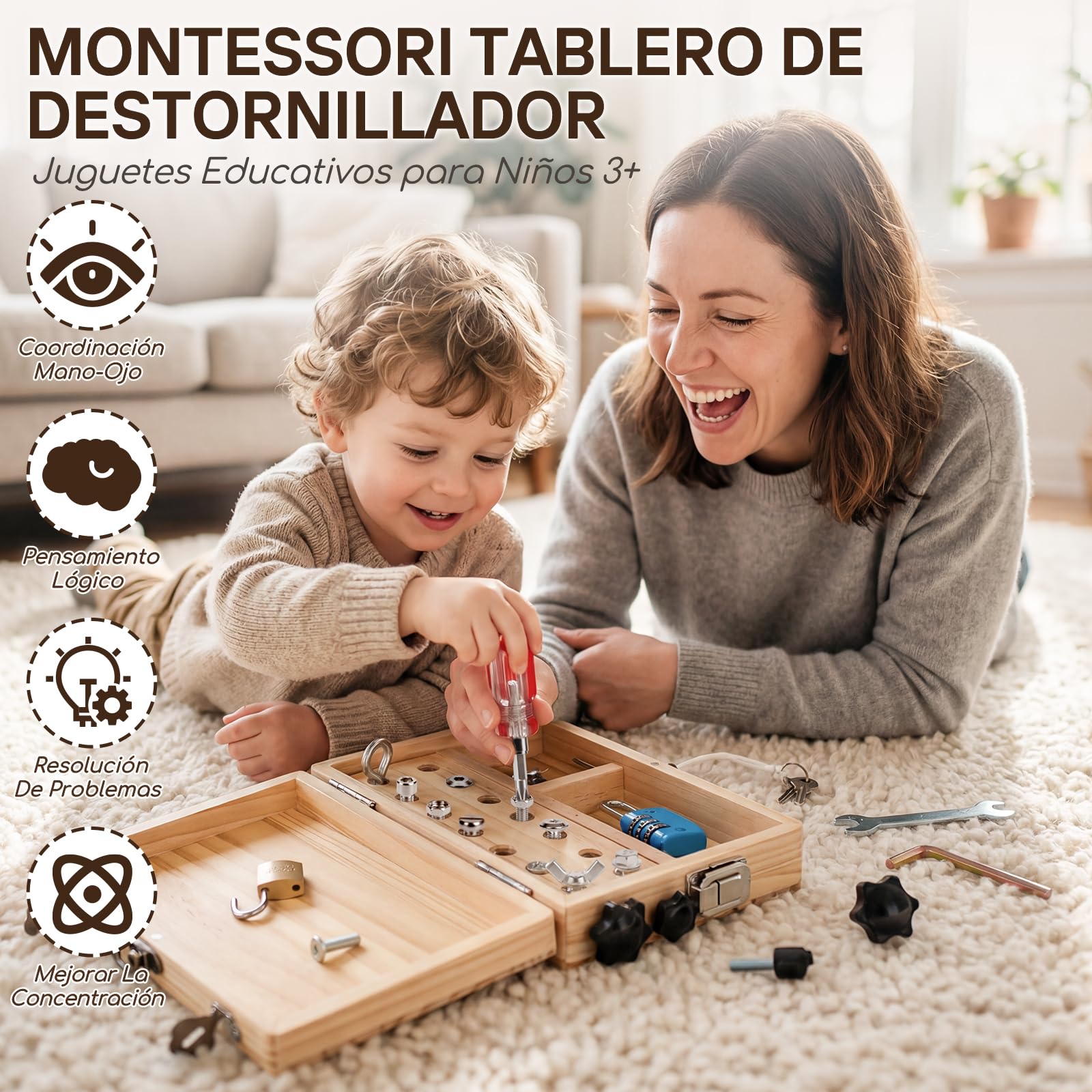 Lehoo Castle Montessori 3 Años Juguetes para Niños, Herramientas de Madera–15 Pcs Set Busy Board Juego Educativo de Motricidad Fina con Caja de Almacenamiento – Regalo Ideal para 4 5 Años Juegos
