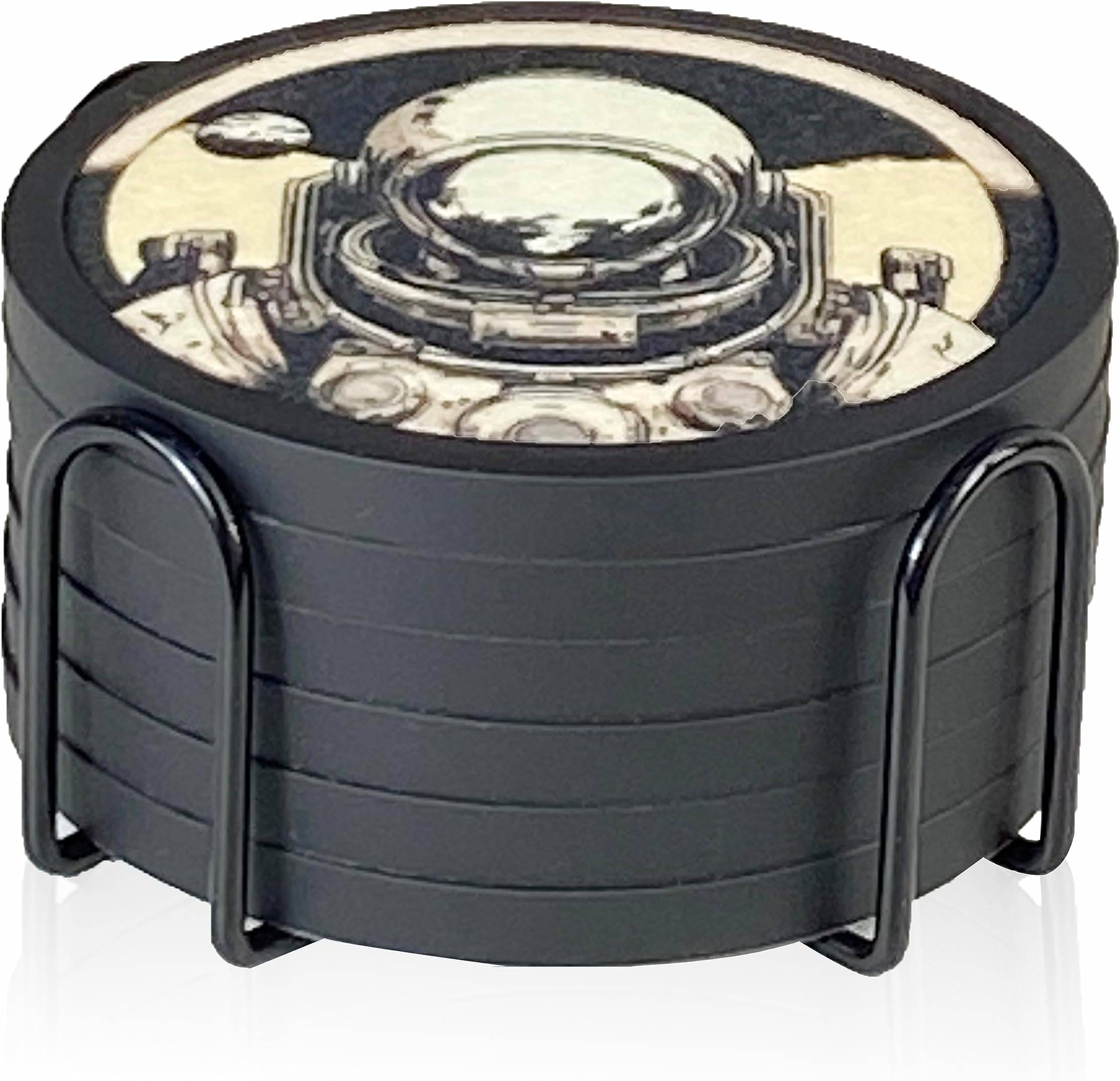 Absorbent Coasters for Drinks with Holder - 6packs, Silicone Coaster with Soft Felt Insert (4.3 inch Coasters with 4.5 inch Holder, Dual-Sided Space -Themed Patterns)