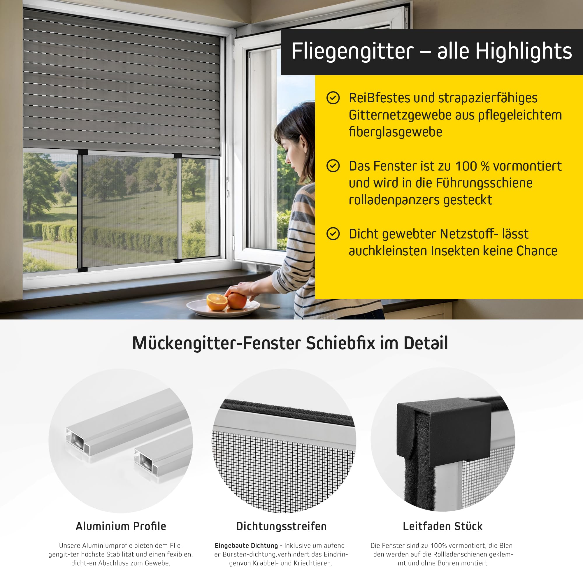 jarolift Zanzariera Estensibile Schiebfix Senza Fori per Porte Finestre con Guida per Avvolgibili, 75 x 50 cm (Allungabile Fino a 142 cm), Grigio