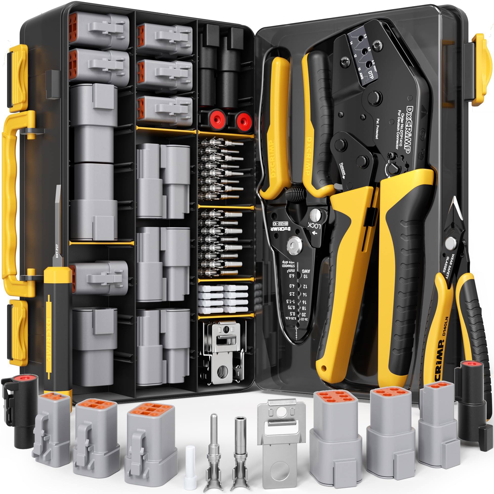 DxCRIMP DTP Connector Crimping Tool Kit, 1/2/4/6 Pin 25A Waterproof Automotive Electrical Connectors, Size 12 Stamped Contacts (14-10 AWG), Ratcheting Crimper & Removal Tool, Compatible Deutsch DTP