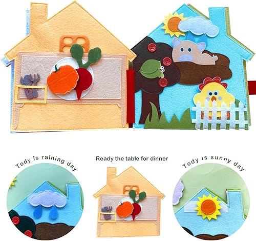 Miniatura 7 de Libro tranquilo para niños pequeños, libro de fieltro para niños de 2 a 3 y 4 años, juguetes Montessori, libro de tela (Día de mi granja)
