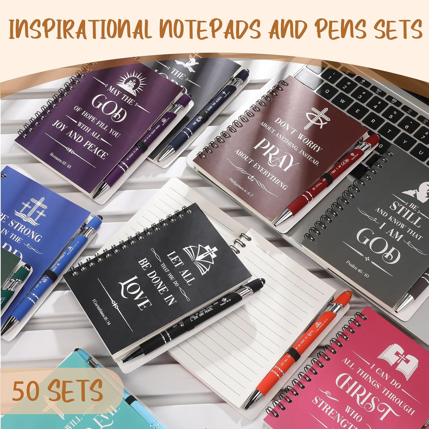 Gueevin Christian Notebook and Pen Set Includes Bible Verse Notepads Metal Pens Black Ink, Christian Quotes Notebook and Ballpoint Pen Bulk Christmas Religious Gift for Women Men (100)