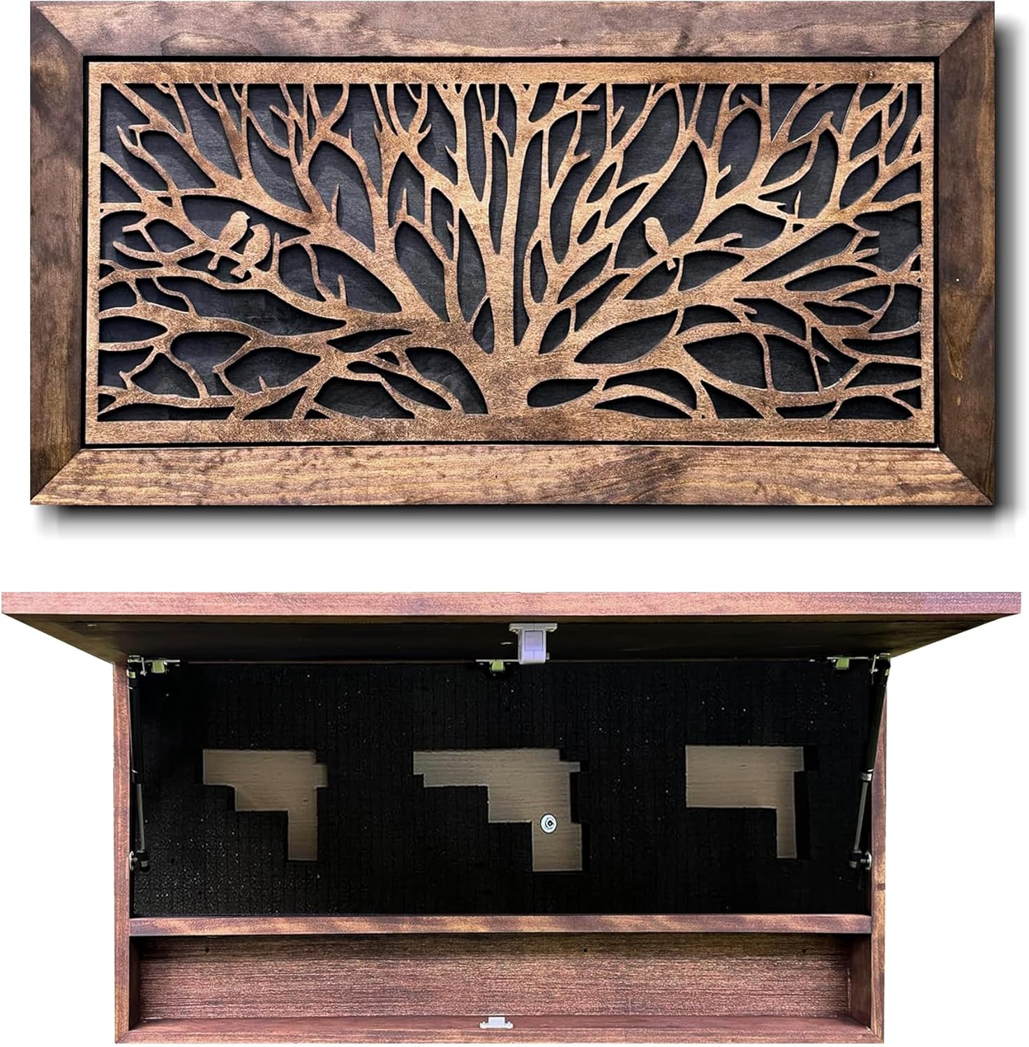 Bellewood Designs Birds in a Tree Gun Concealment Decor - Handcrafted Wooden Gun Cabinets - Gun Shelf Hidden Storage for Rifles, Shotguns, & Handguns - Quick Access Hidden Wall Safe