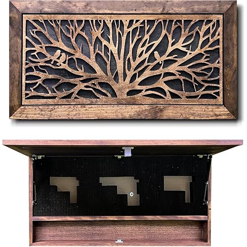 Bellewood Designs Birds in a Tree Gun Concealment Decor - Handcrafted Wooden Gun Cabinets - Gun Shelf Hidden Storage for Rifles, Shotguns, & Handguns - Quick Access Hidden Wall Safe