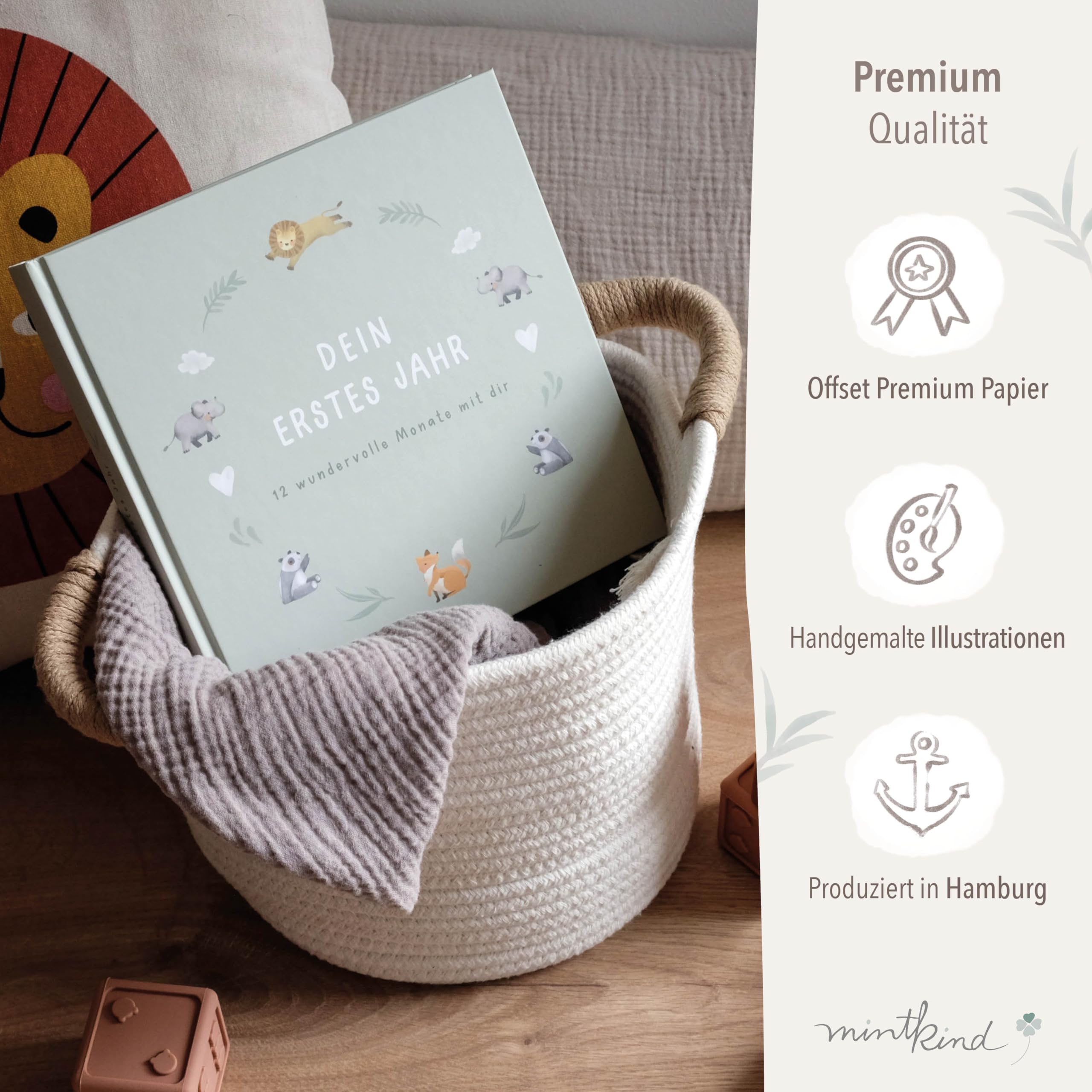 mintkind® Mein erstes Jahr Babyalbum Salbei – sanftes Babytagebuch mit 176 Seiten und Sticker-Set für ruhige Erinnerungen im ersten Lebensjahr, hochwertiges Hardcover 21 x 21 cm