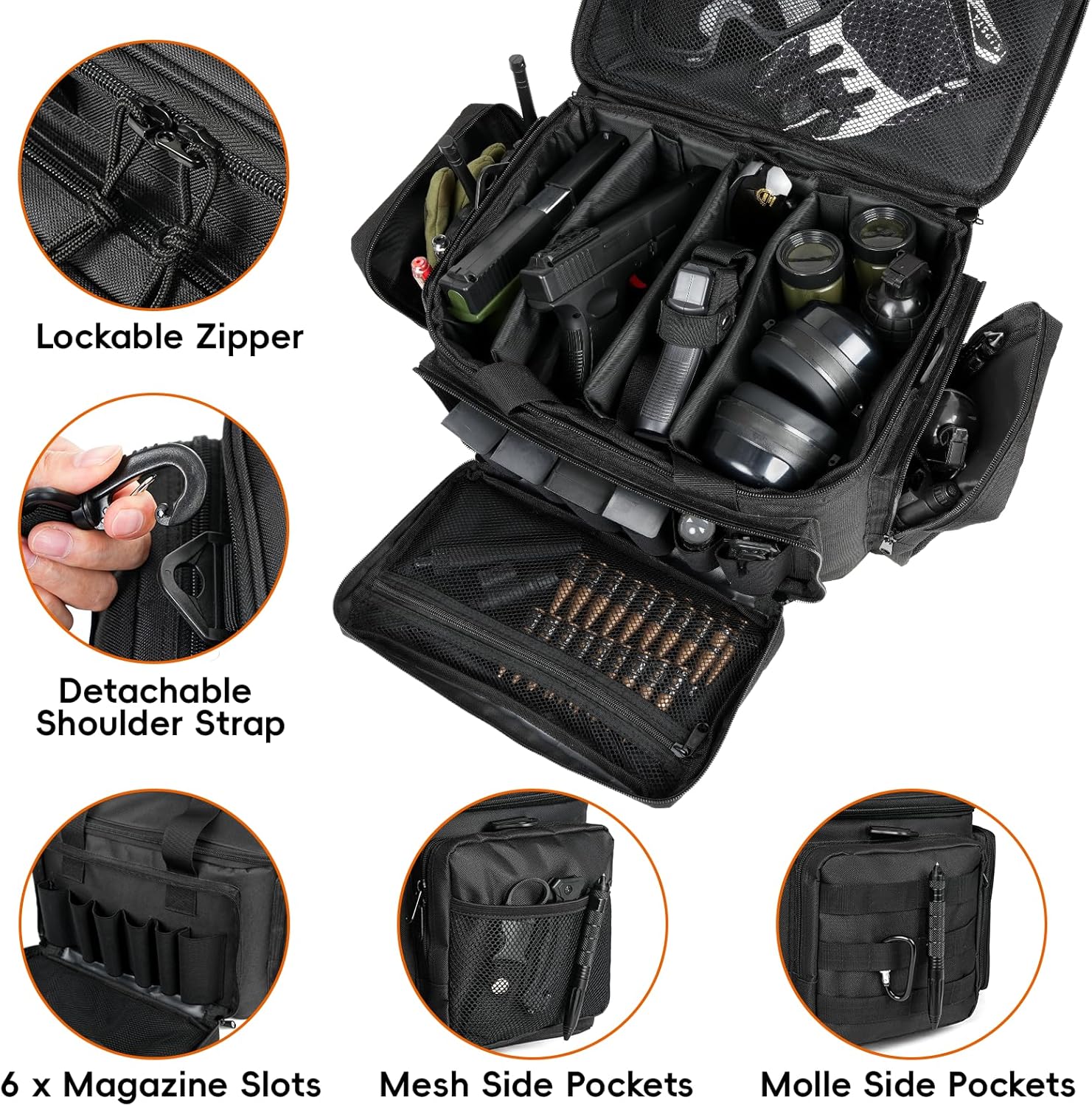DULCE DOM Tactical Gun Range Bag for Handguns and Ammo, Firearm Rifle Pistol Case for Outdoor Hunting Shooting, Lockable Compartment, Additional Magazine Storage Slots - Image 3