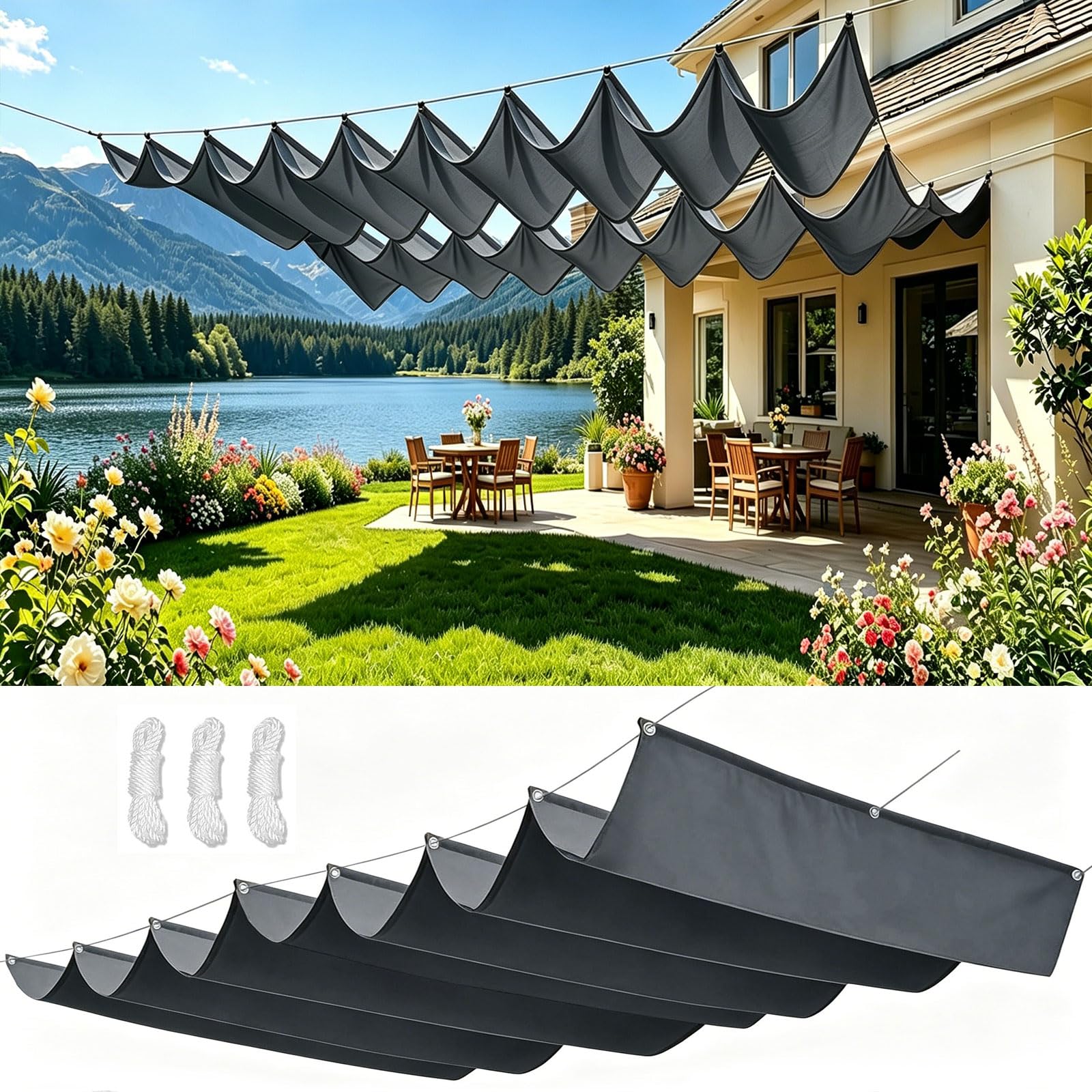 Voile ombrage rétractable vague pour terrasse et jardin calme