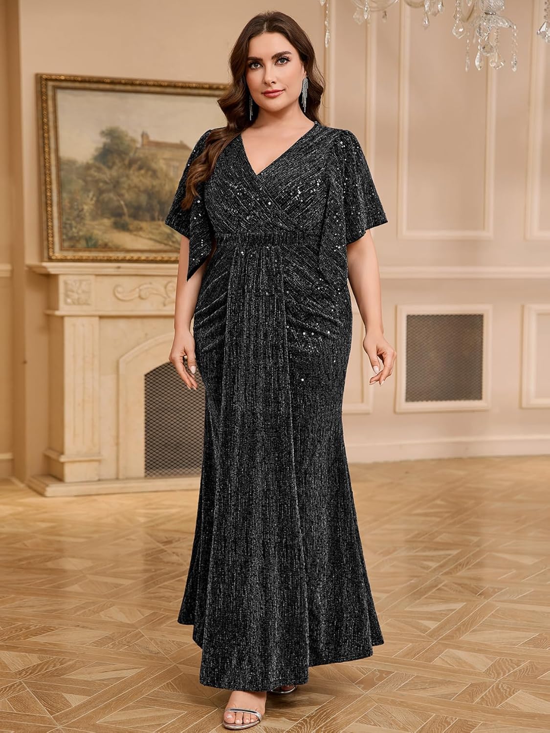 Plus Size Formal Gown Black Tie Dress Sequin Ruched Draped Sparkly Cocktail Wedding Prom Gala Evening Holiday - Image 5