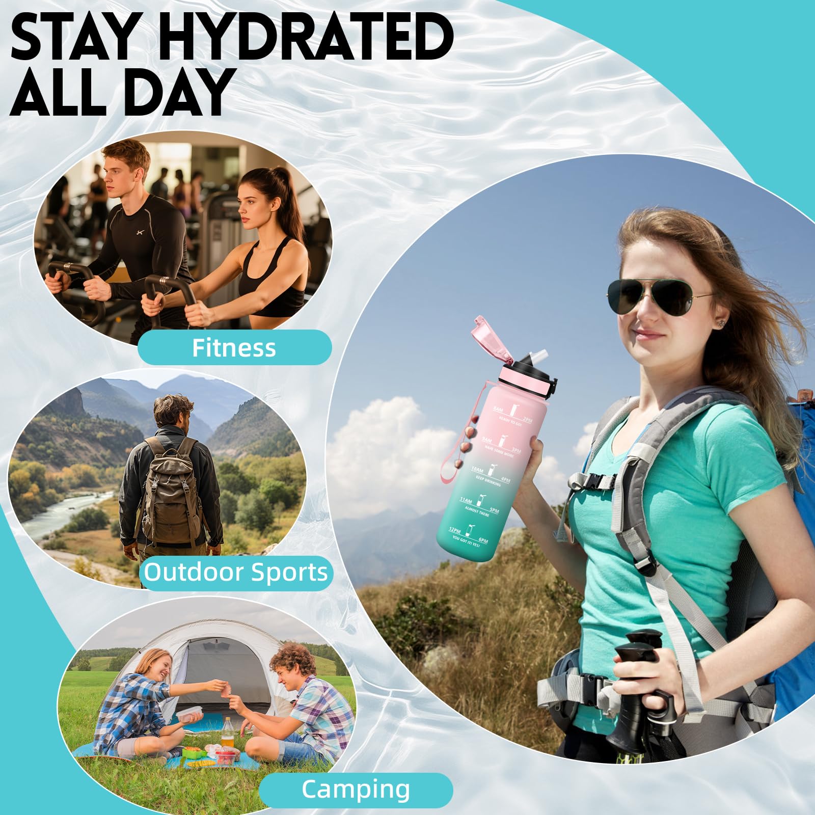 Botella Agua 1 litro, Botella Agua Gimnasio con Pajita, Diseño de Cerradura, Cantimplora, con Marcador de Tiempo, A Prueba de Fugas Cantimplora para Exteriores, Bicicleta, Gimnasio — view 7