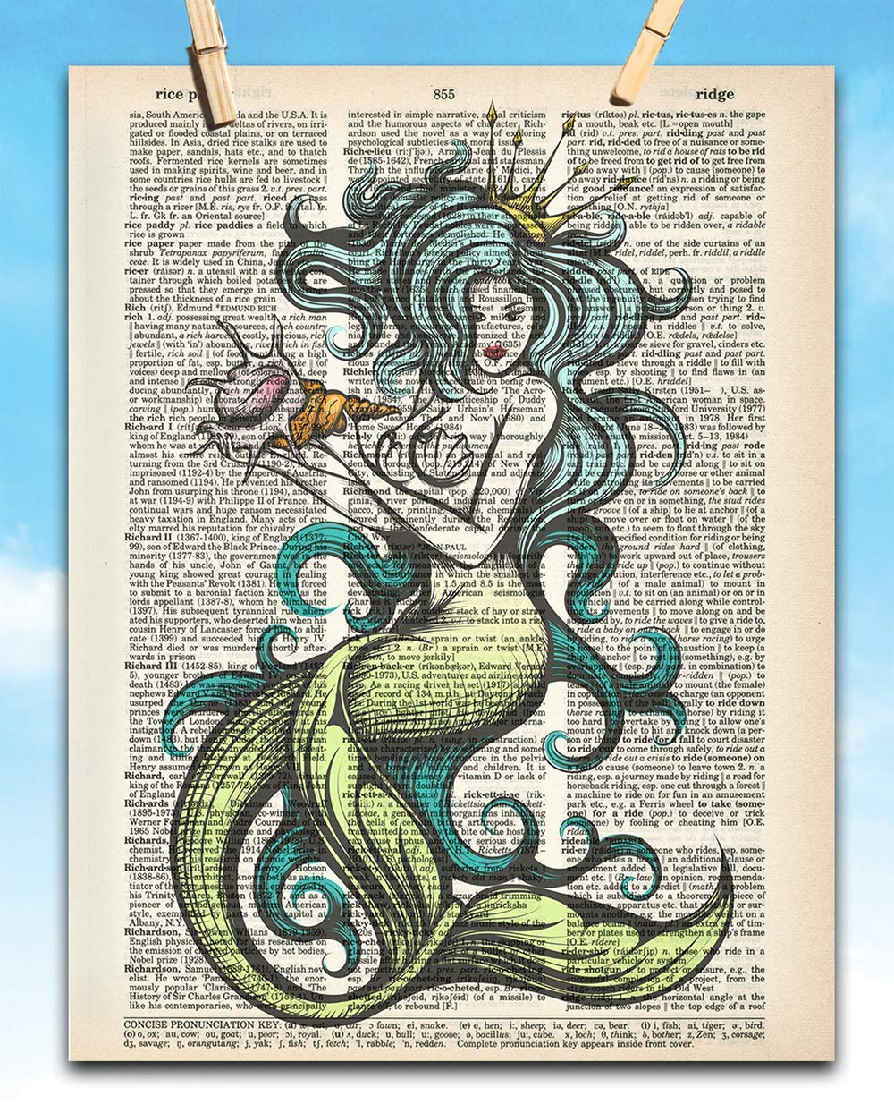 Upcycled Dictionary Art -  - Classic Office and Home Decor, Library Water Color Wall Art, Animal Print Vintage Book Page Bedroom Decoration, 8.5x11 Unframed Art Poster: Mermaid
