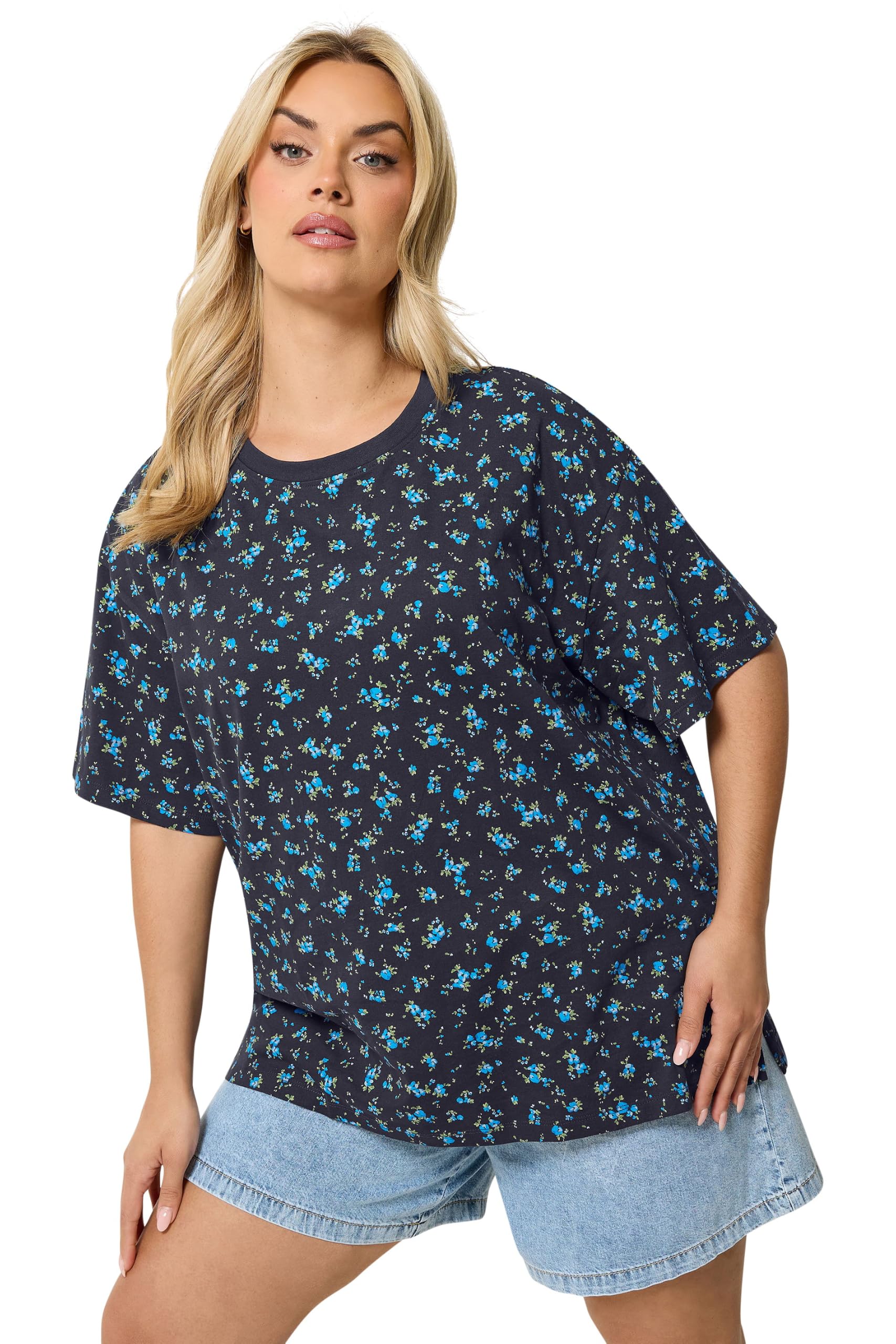 Yours Women's Navy Curve Blue Ditsy Floral Boxy T-Shirt - Plus Size Curve
