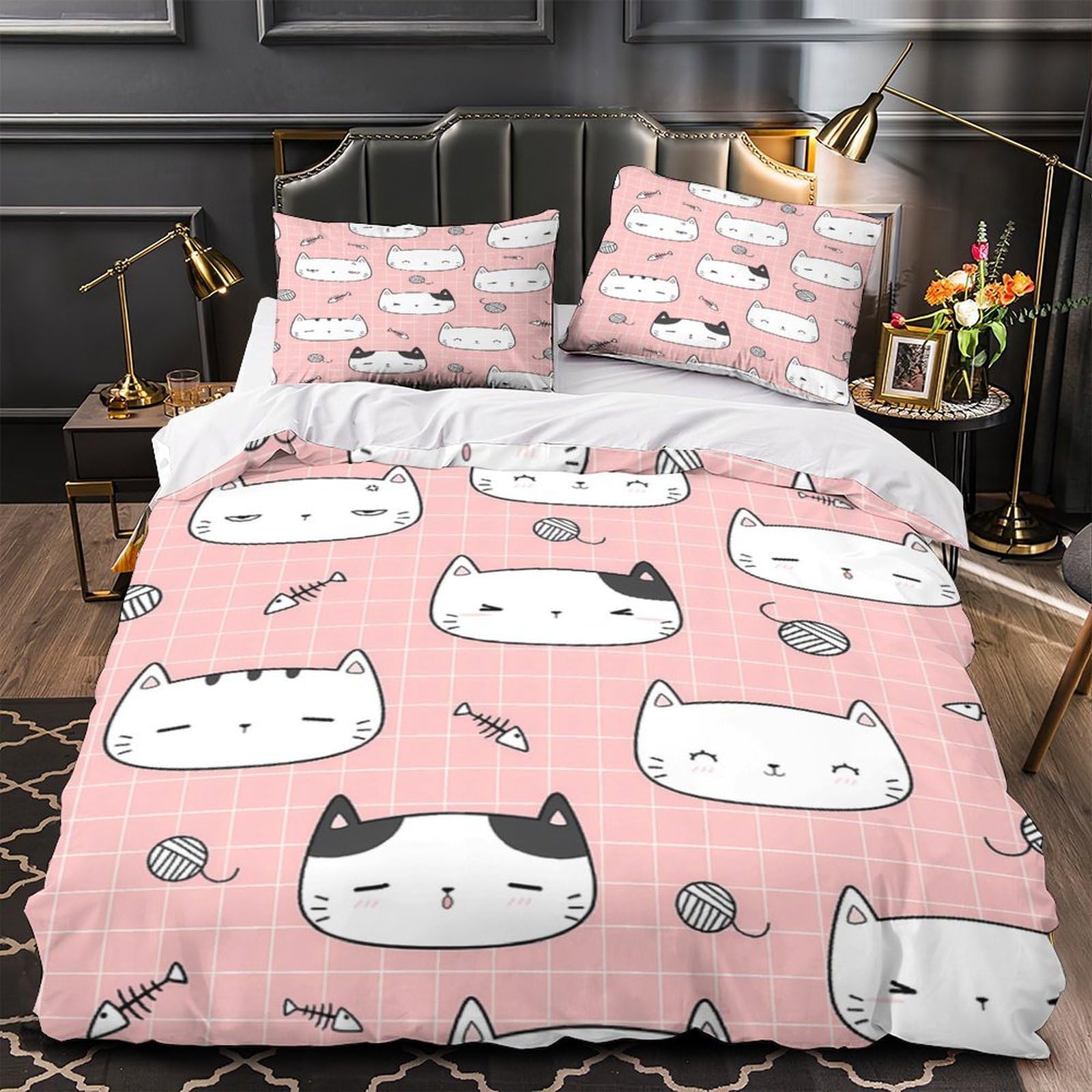Housse de couette chat 135x200cm en microfibre douce avec taie d'oreiller
