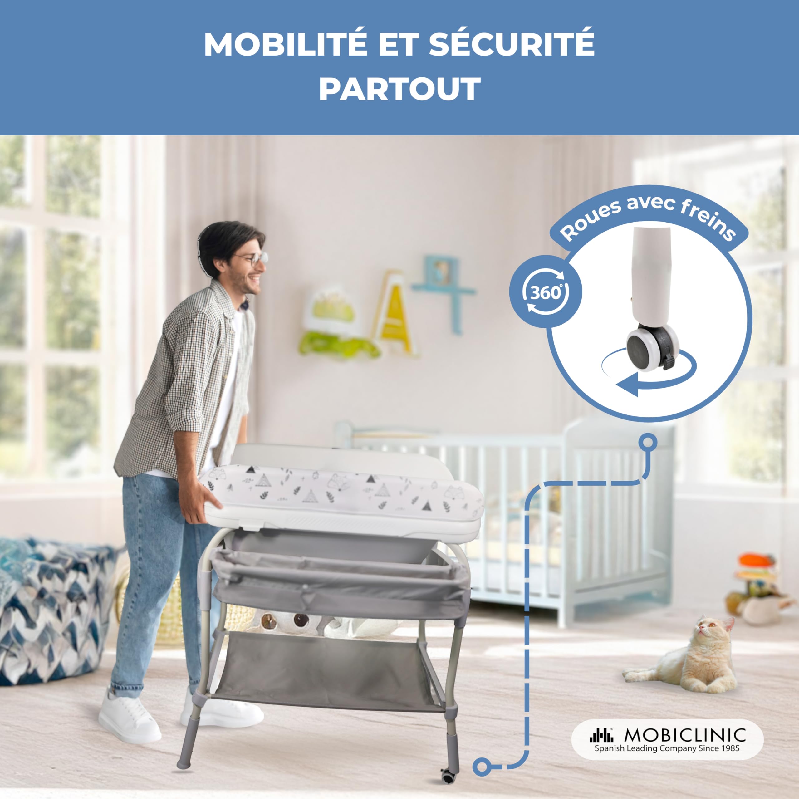 Mobiclinic®, Table à langer 2-en-1 avec baignoire, Trendy, Réglable en 4 hauteurs, Thermomètre, Roues frein, Paniers de rangement, Jusqu'à 50 kg, Tube drainage, 0-36 mois